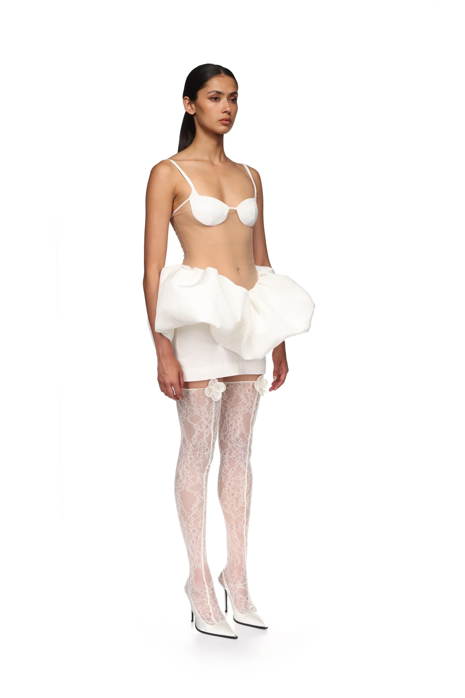 3D FLOWER LACE STOCKINGS IN WHITE - Image 4
