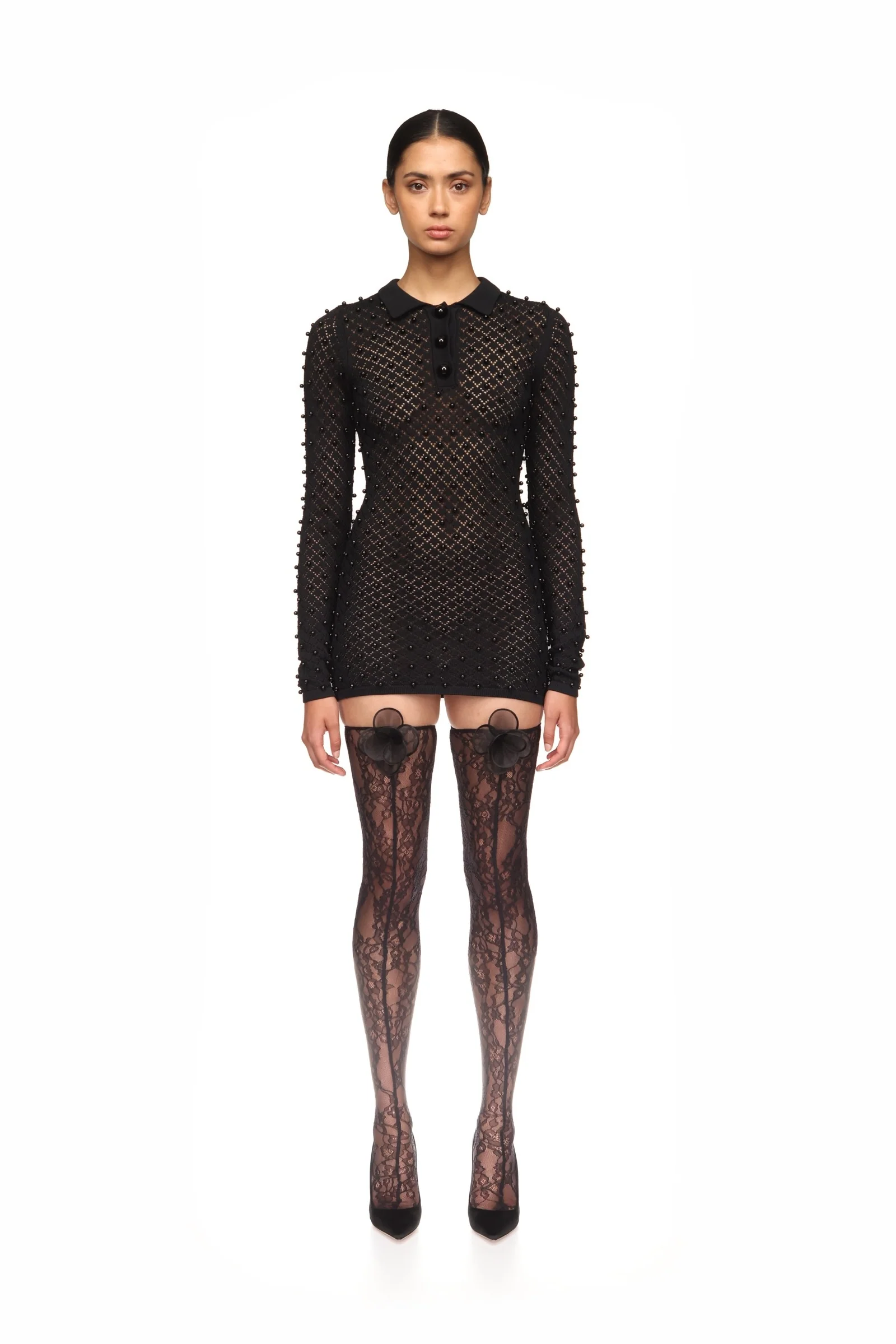 3D FLOWER LACE STOCKINGS IN BLACK - Image 2