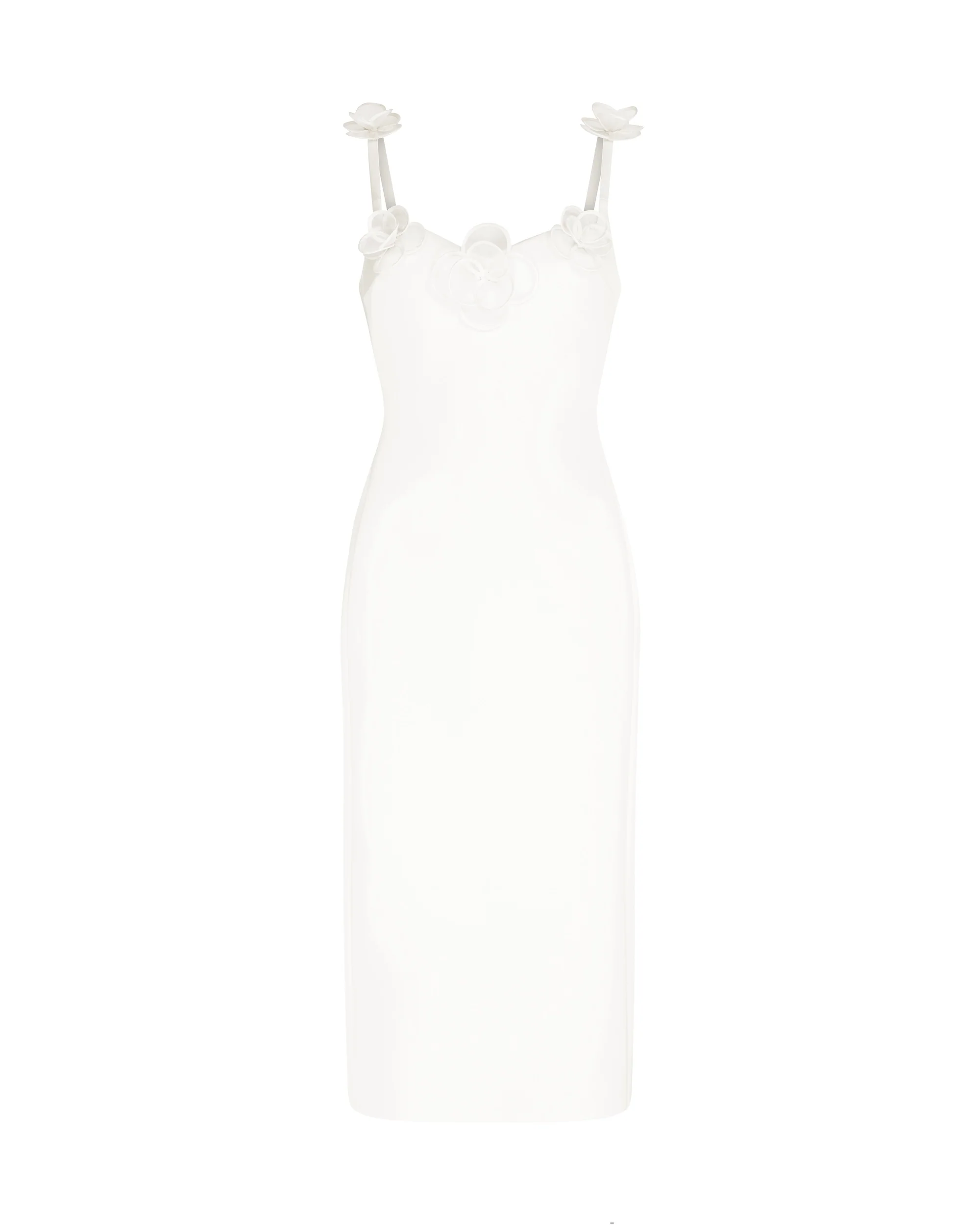 3D LACE FLOWER SATIN MIDI DRESS IN WHITE