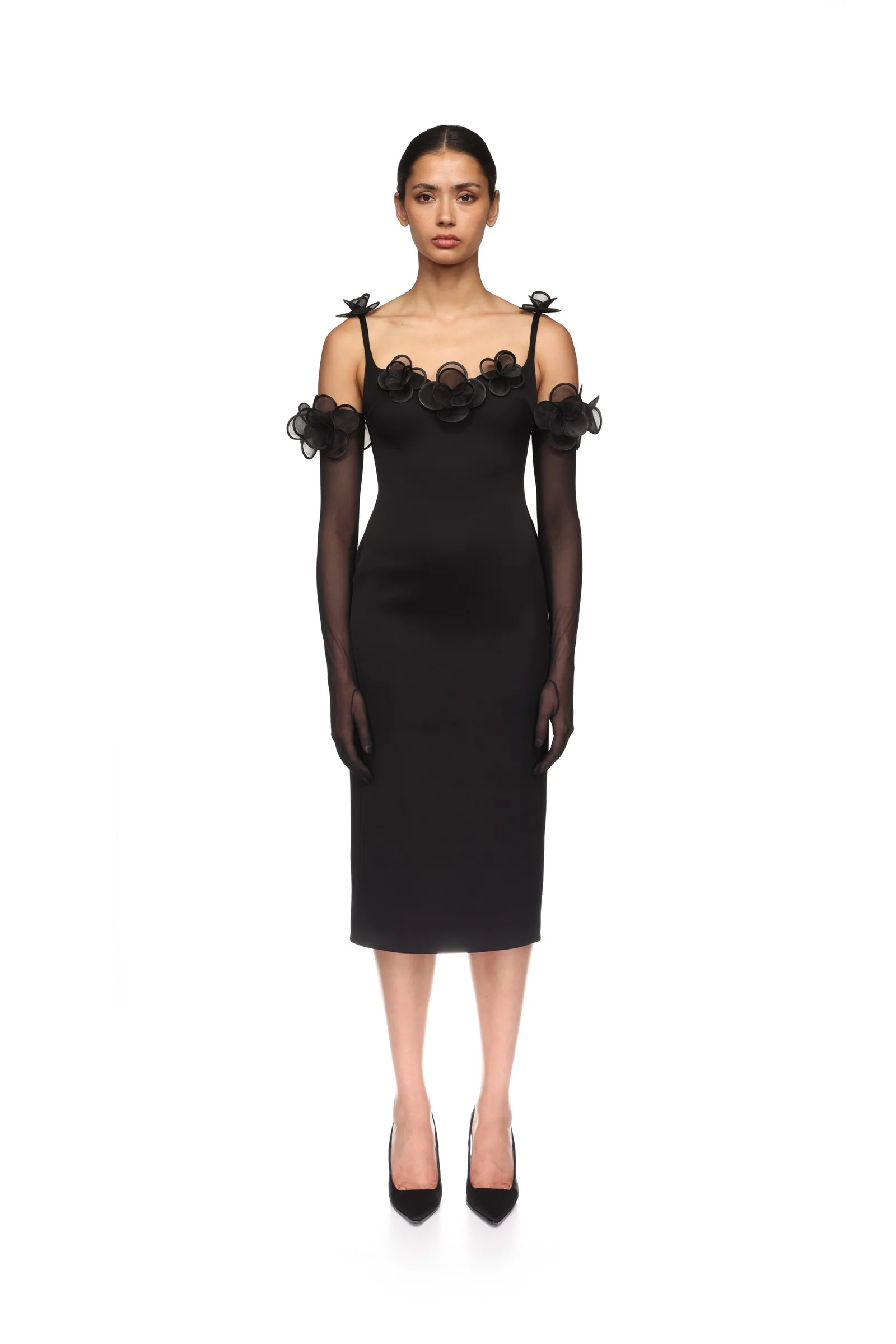 3D LACE FLOWER SATIN MIDI DRESS IN BLACK - Image 2