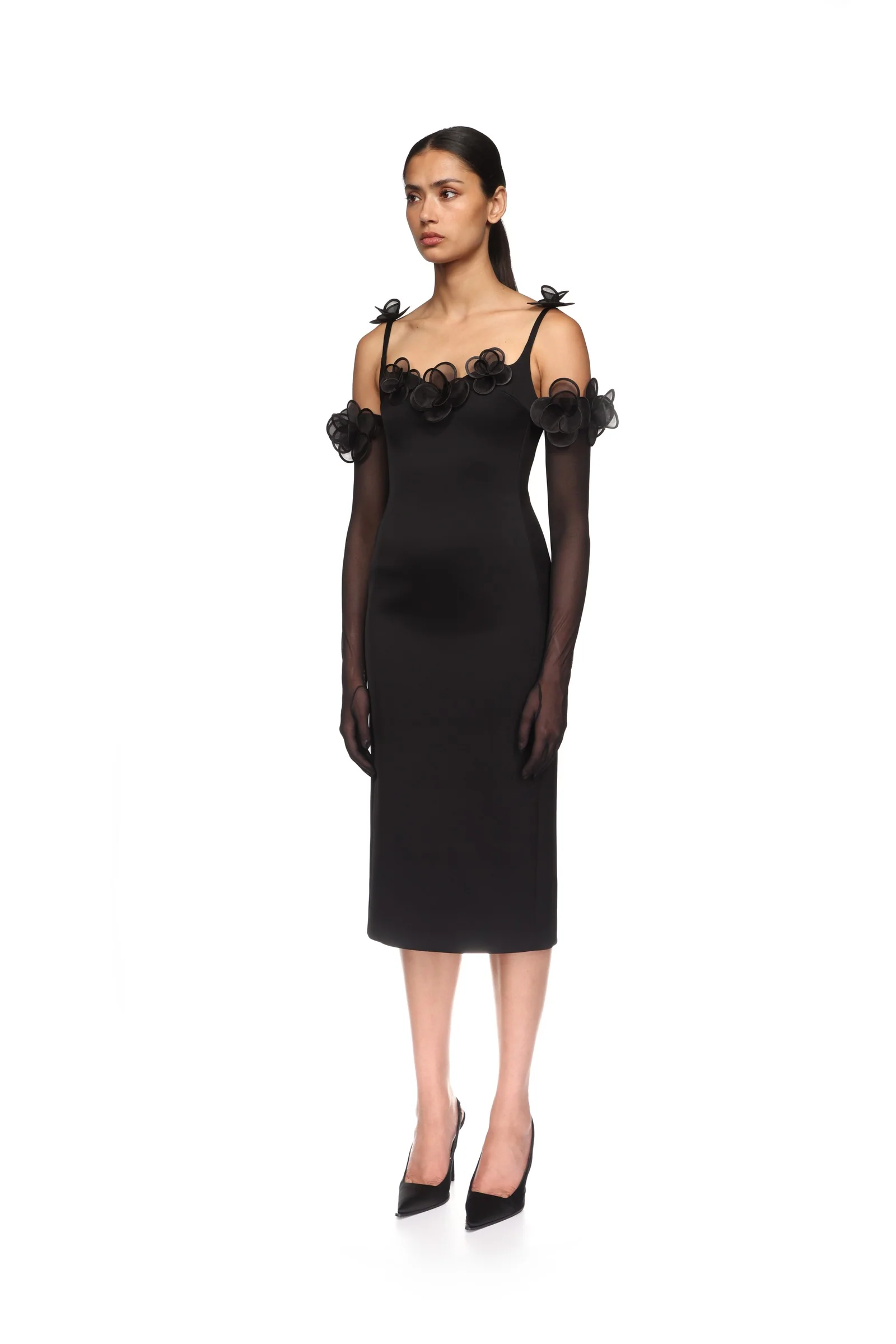 3D LACE FLOWER SATIN MIDI DRESS IN BLACK - Image 3