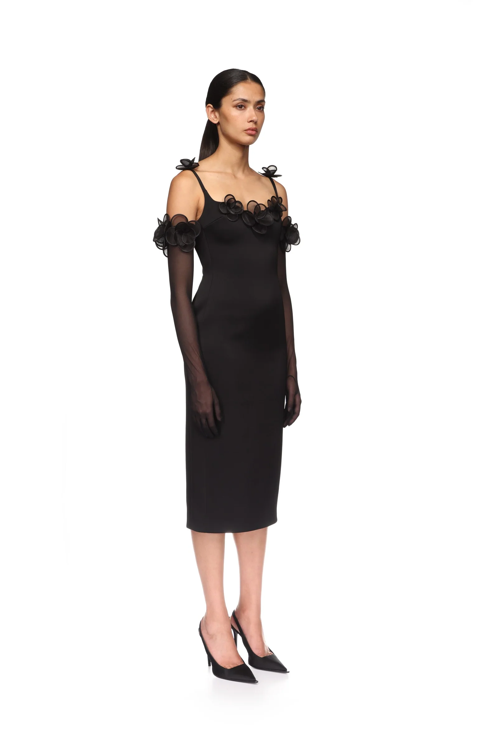 3D LACE FLOWER SATIN MIDI DRESS IN BLACK - Image 4