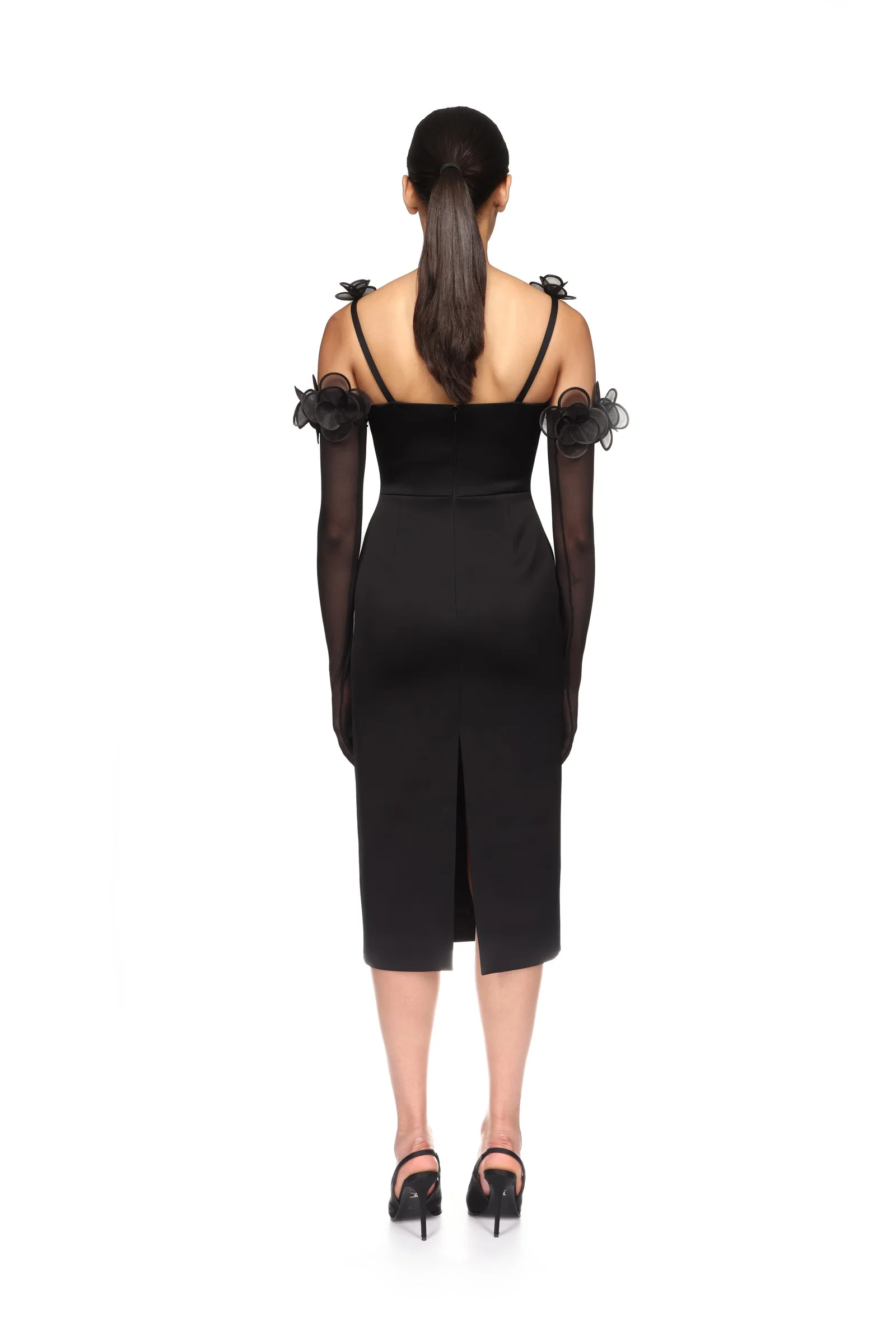 3D LACE FLOWER SATIN MIDI DRESS IN BLACK - Image 5