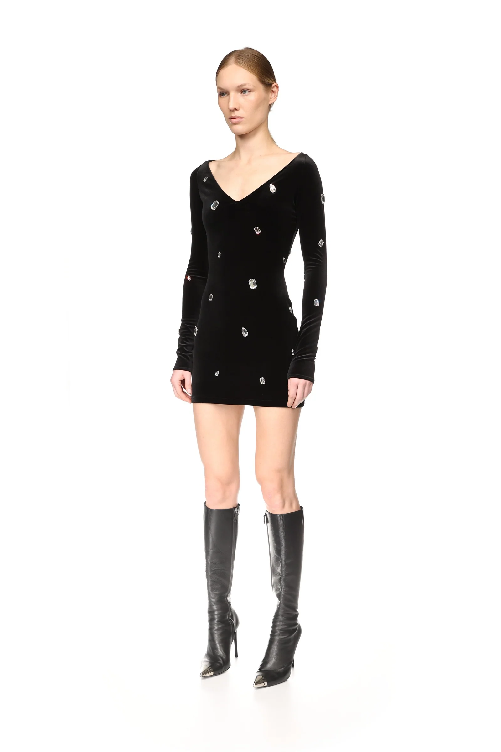ALLOVER CRYSTAL EMBROIDERED VELVET MINI DRESS - Image 3