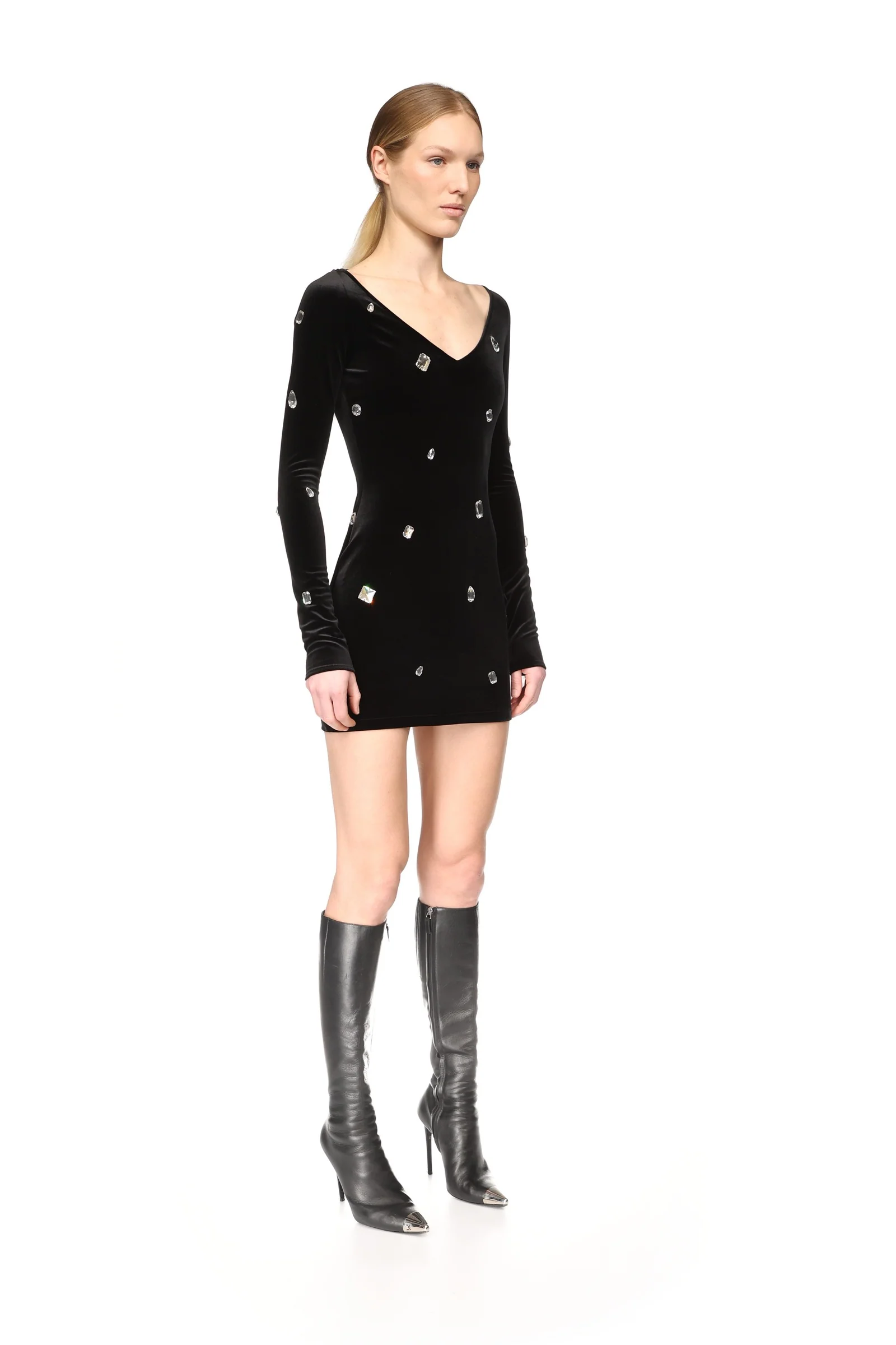 ALLOVER CRYSTAL EMBROIDERED VELVET MINI DRESS - Image 4