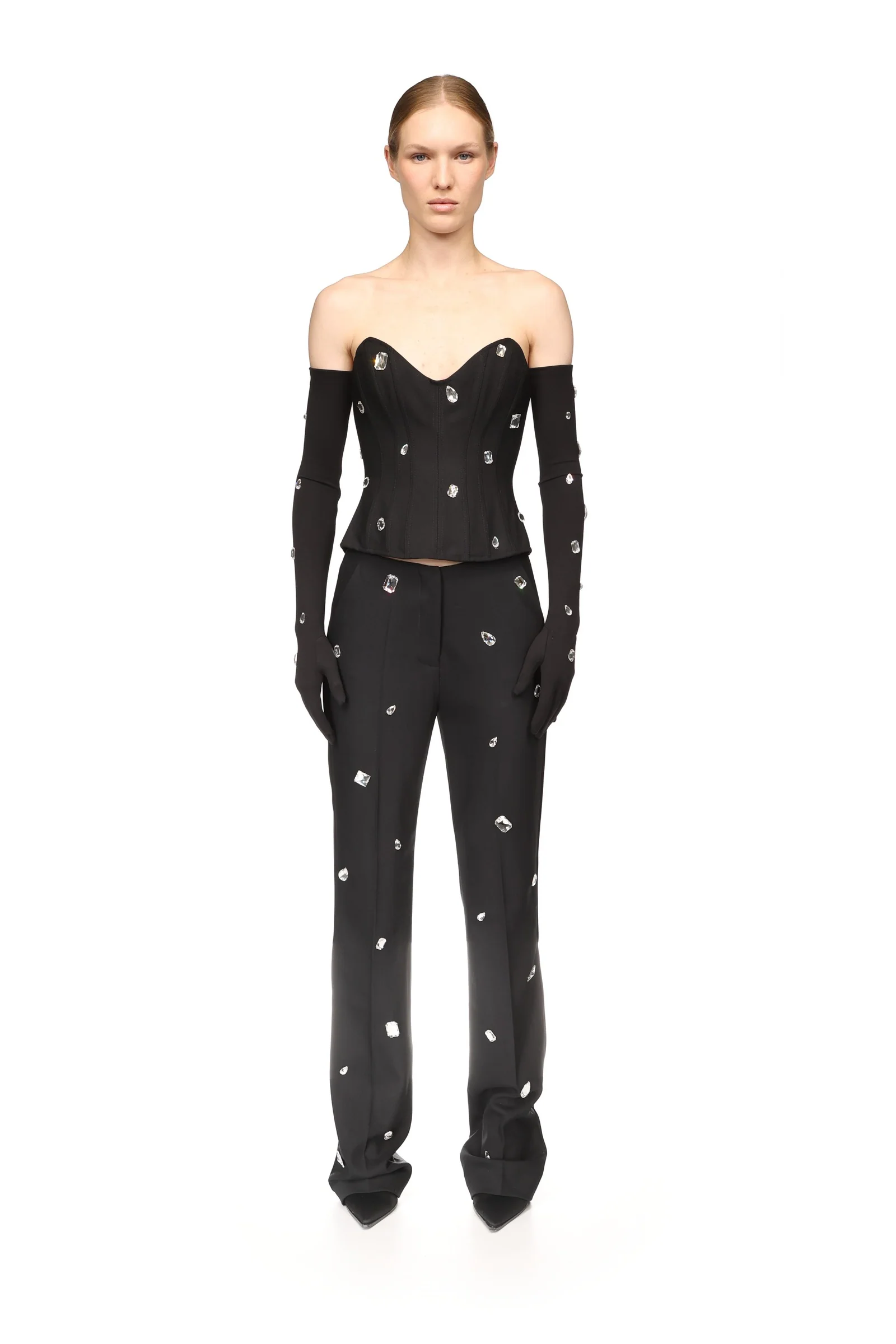 ALLOVER CRYSTAL EMBROIDERED LONG JERSEY GLOVES - Image 2