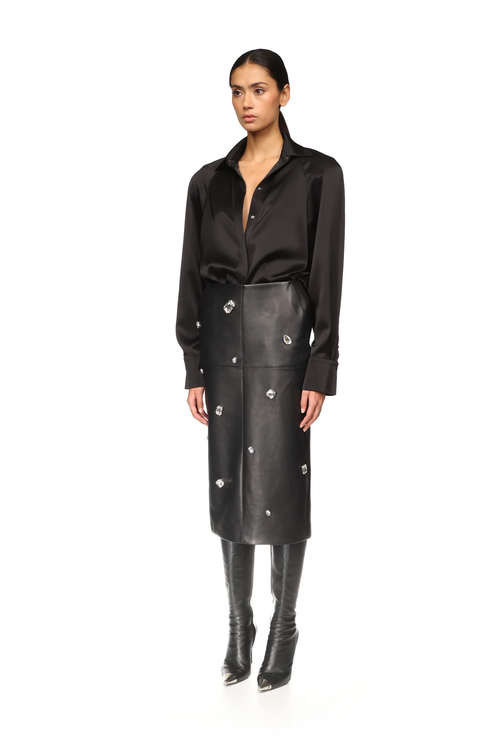 ALLOVER CRYSTAL EMBROIDERED LEATHER MIDI SKIRT - Image 3