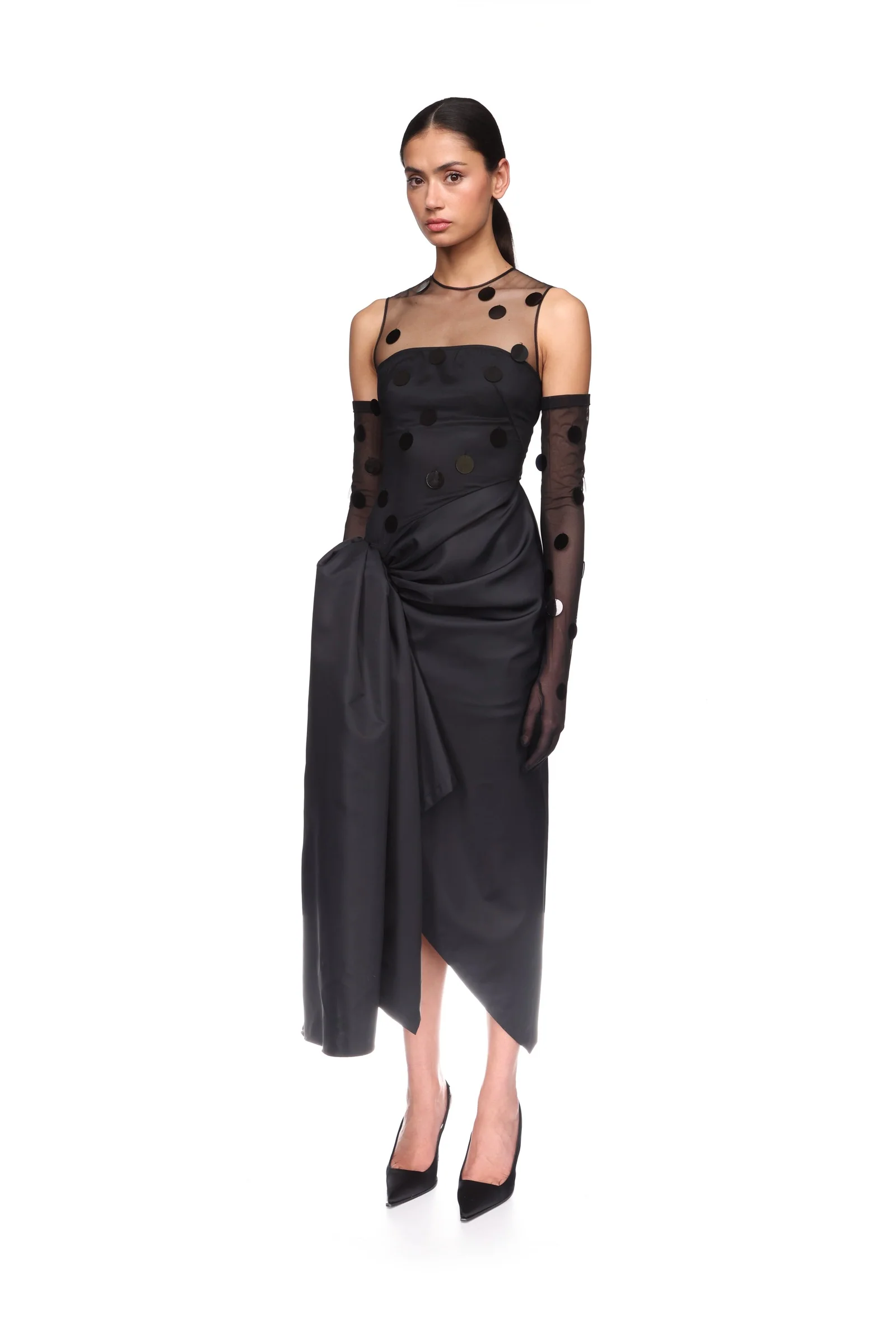 POLKA-DOT DISCS AND DRAPED SKIRT MIDI DRESS - Image 3