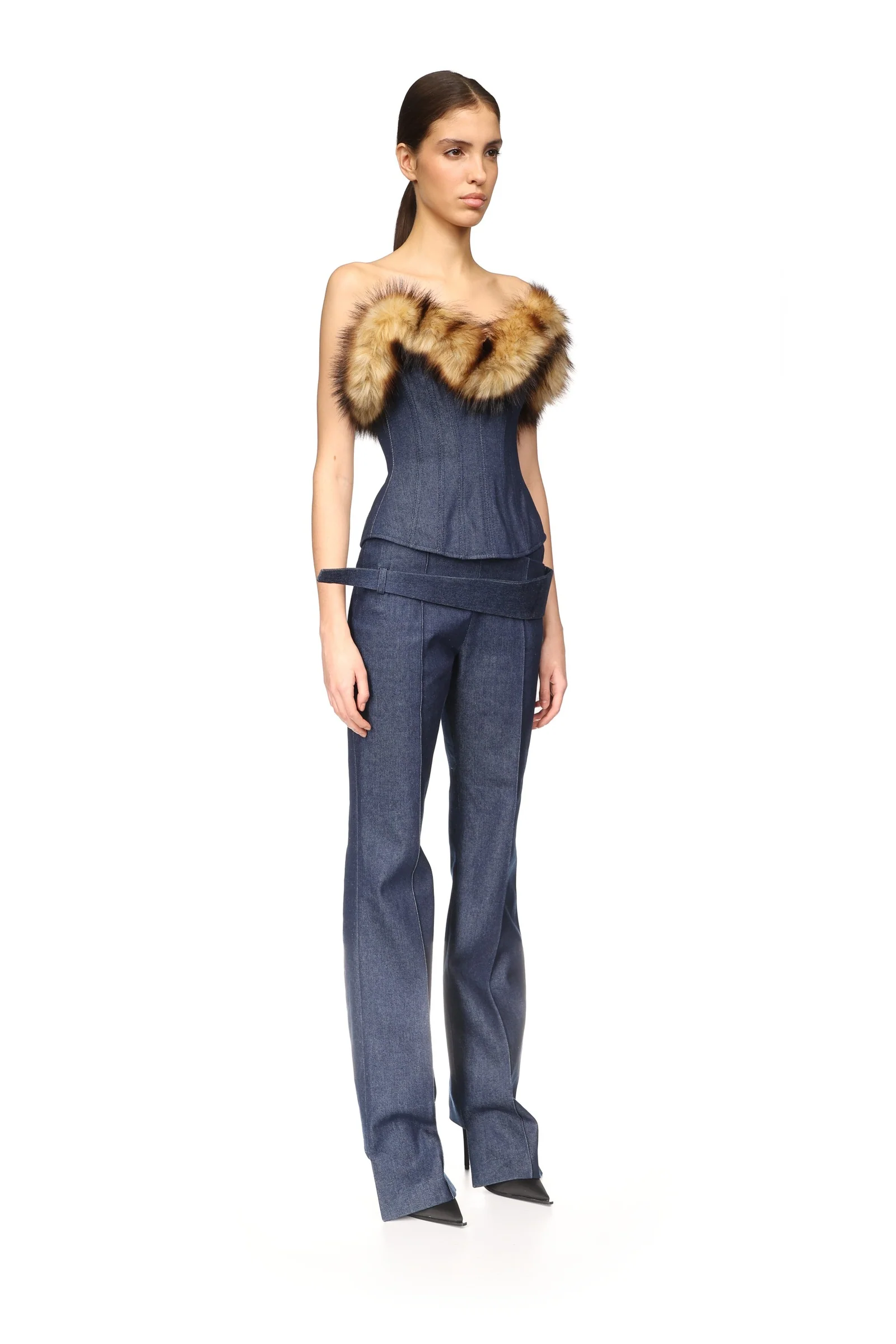 ASYMMETRIC WAIST DETAIL DENIM TROUSERS - Image 4