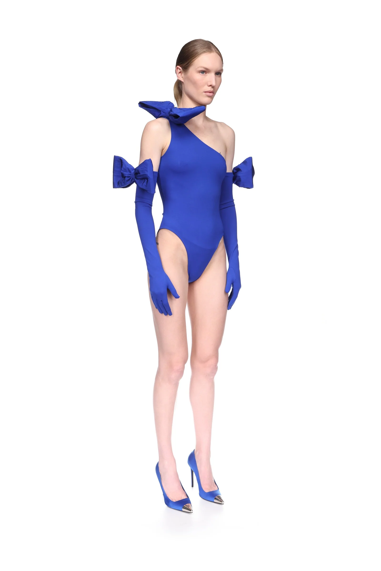 BOW DETAIL LONG JERSEY GLOVES IN BLUE - Image 3