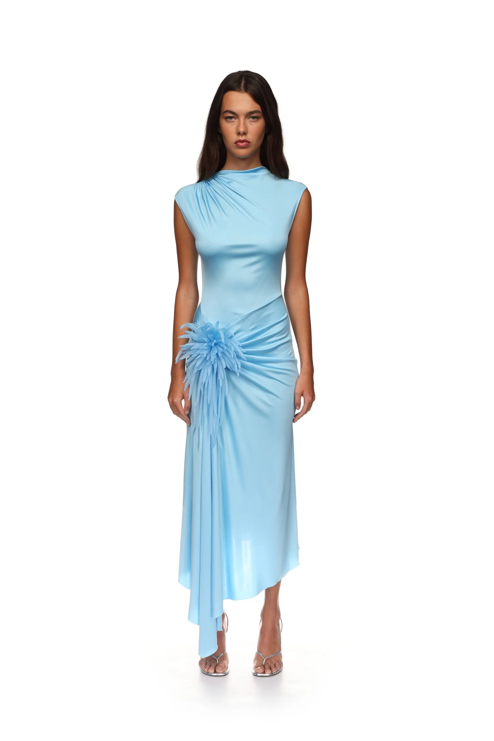 CACTUS DAHLIA DETAIL DRAPED MIDI DRESS IN BLUE - Image 2