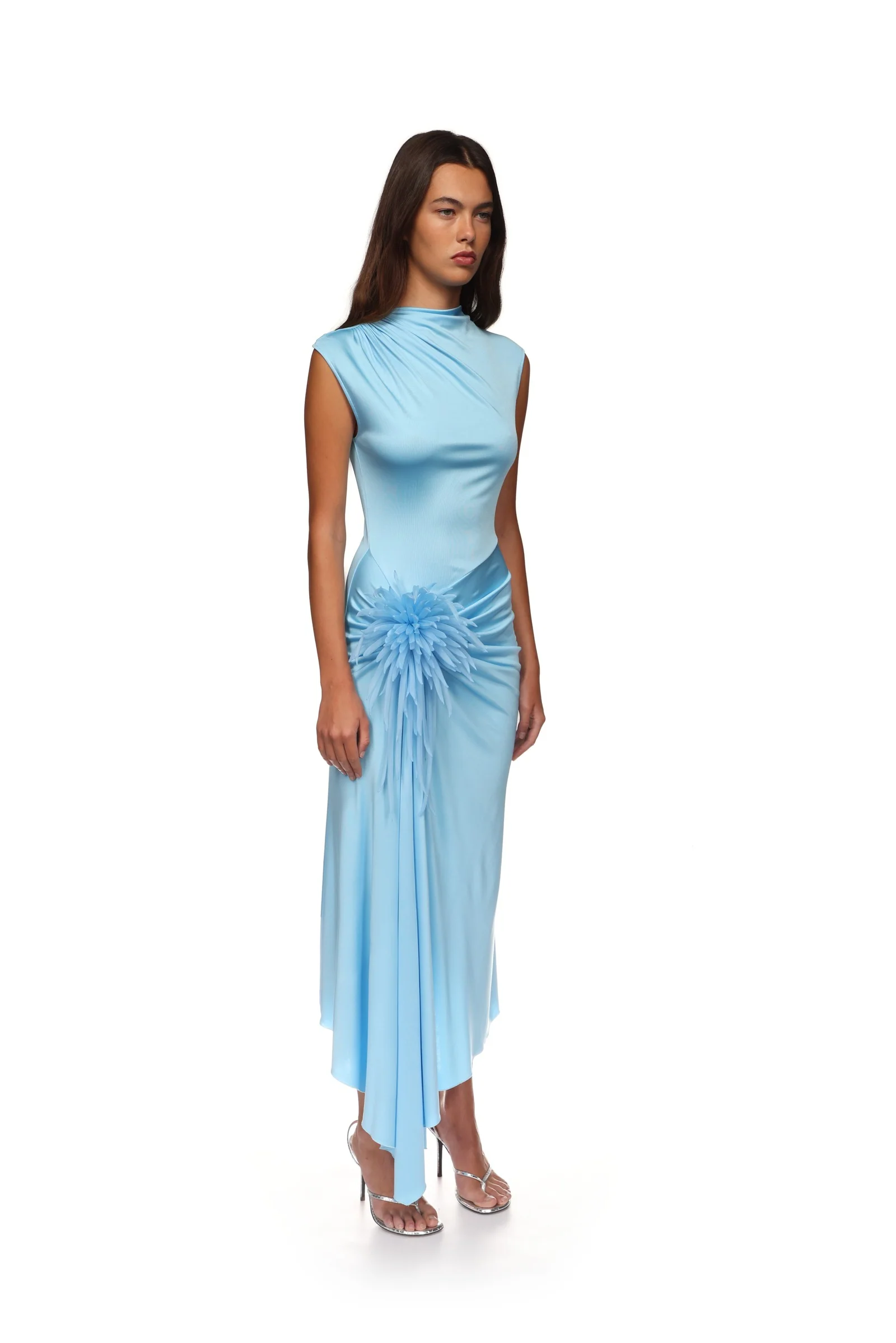 CACTUS DAHLIA DETAIL DRAPED MIDI DRESS IN BLUE - Image 4