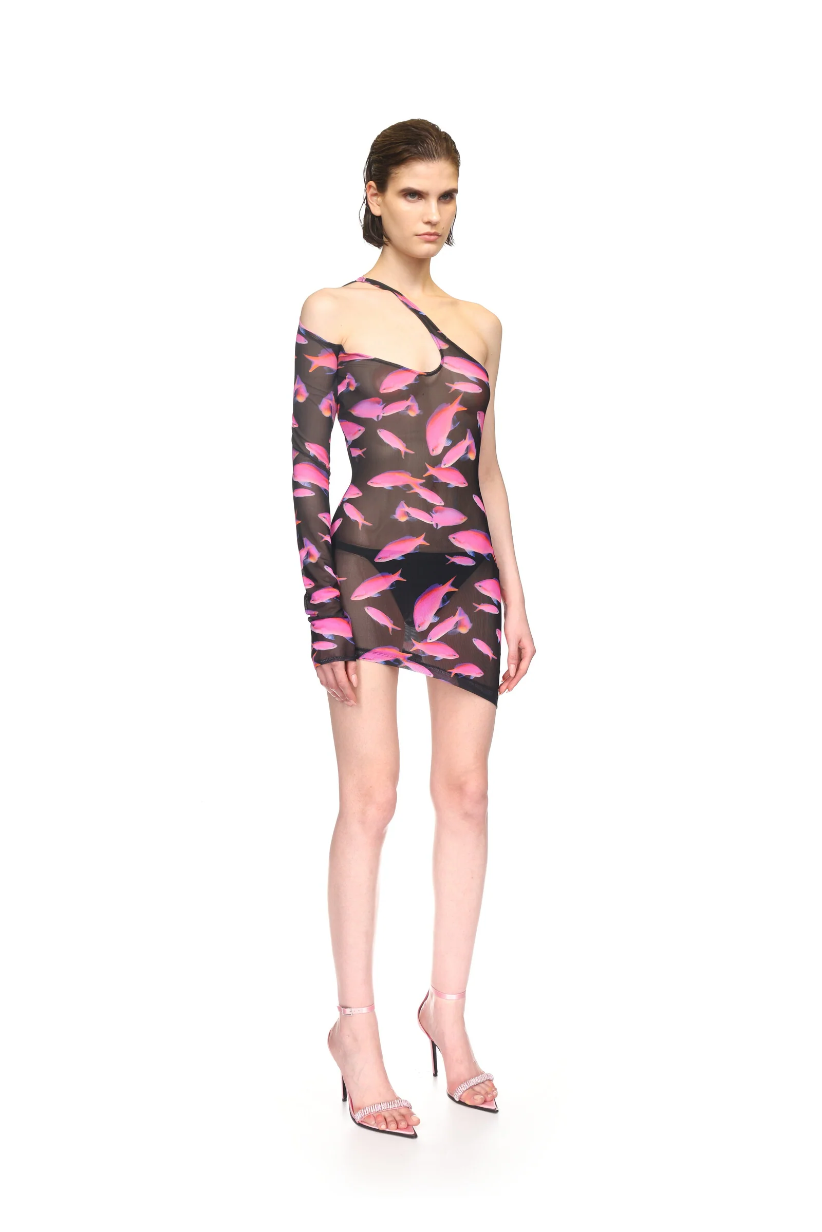 ASYMMETRIC FISH PRINT MESH MINI DRESS - Image 4