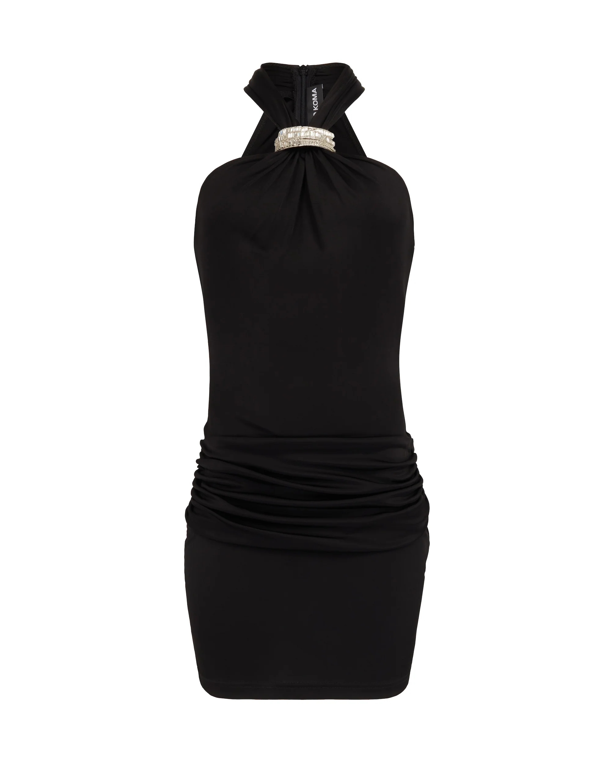 CRYSTAL ARCH HALTERNECK RUCHED MINI DRESS