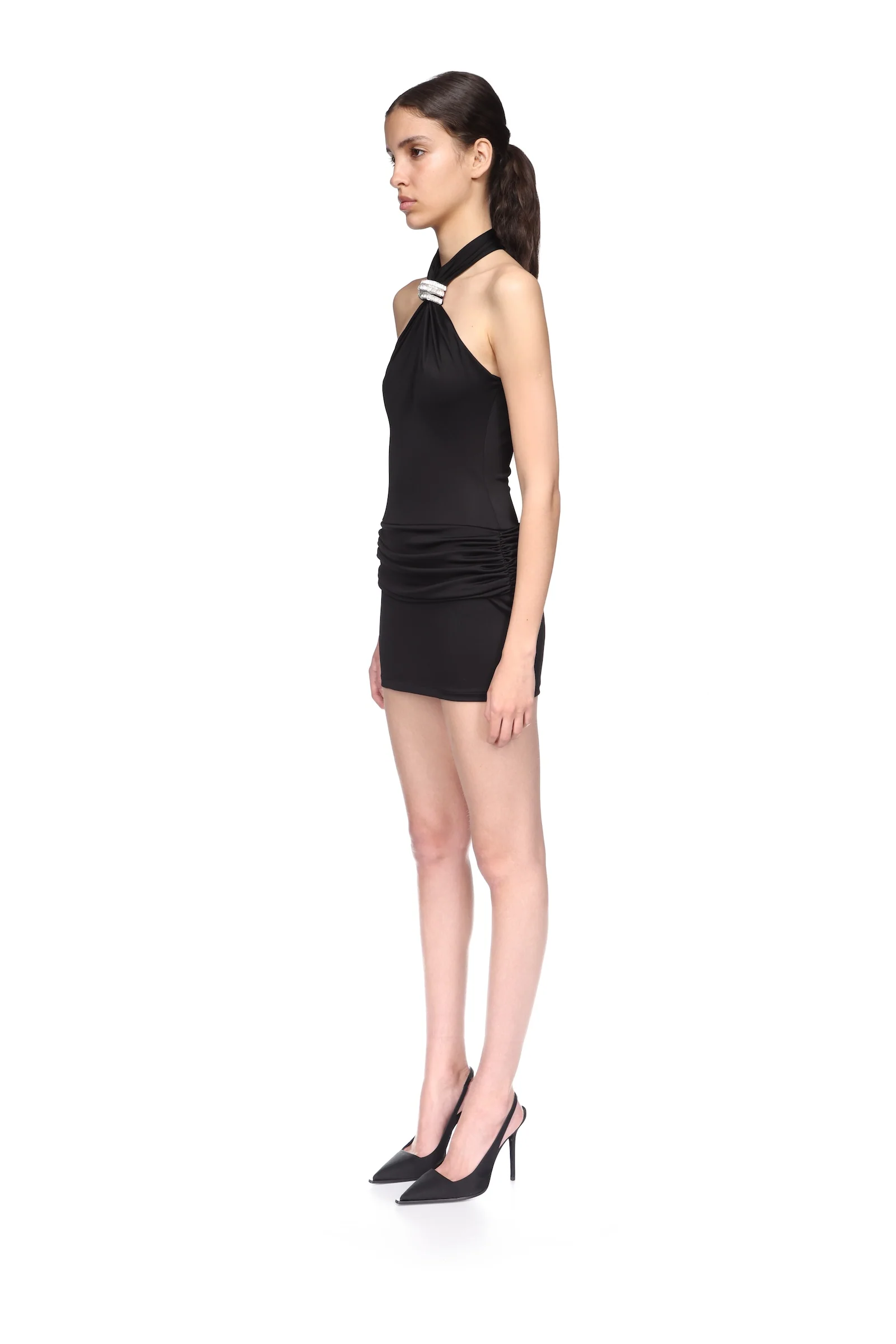 CRYSTAL ARCH HALTERNECK RUCHED MINI DRESS - Image 3
