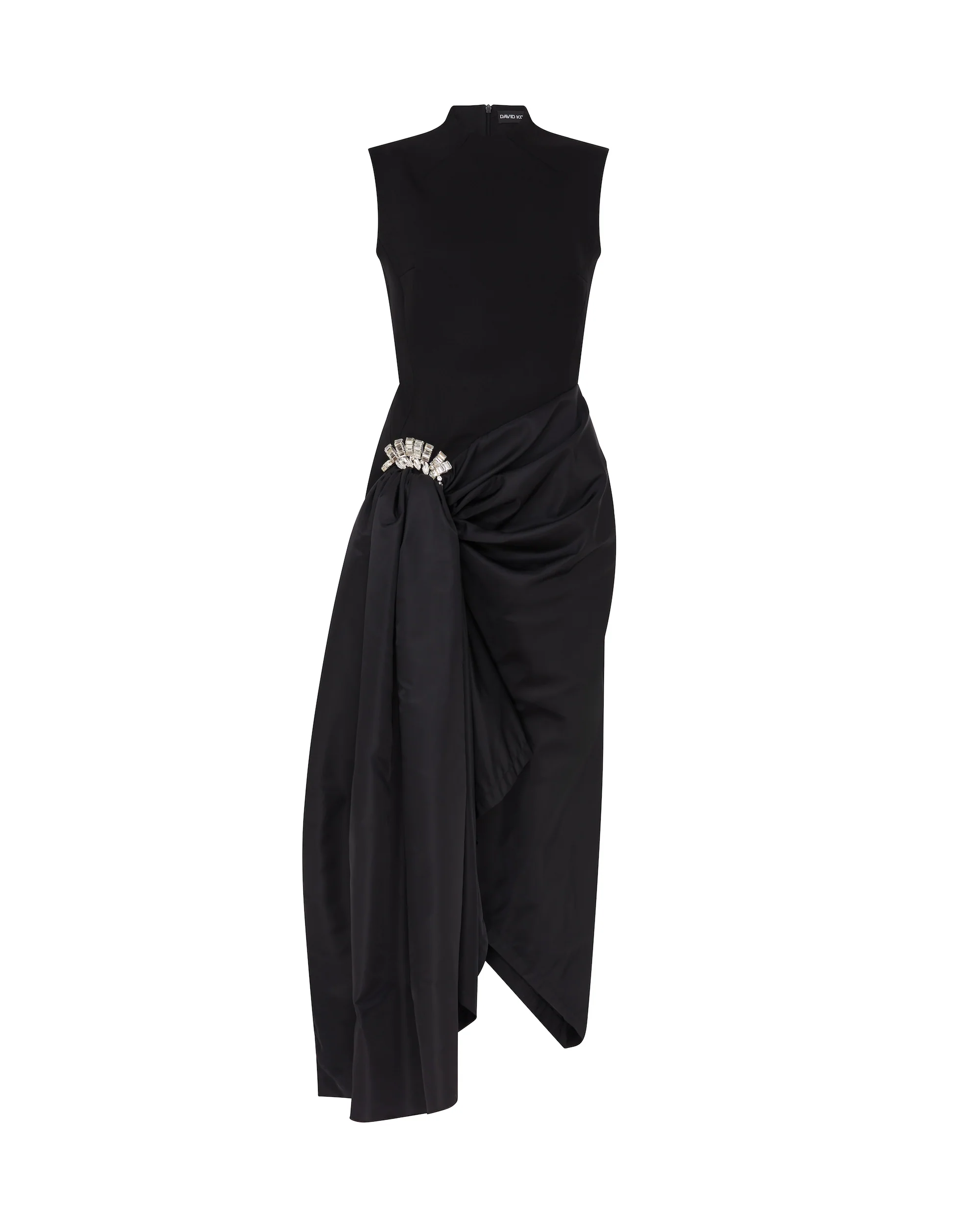 CRYSTAL BROOCH AND DRAPED HEM MIDI DRESS