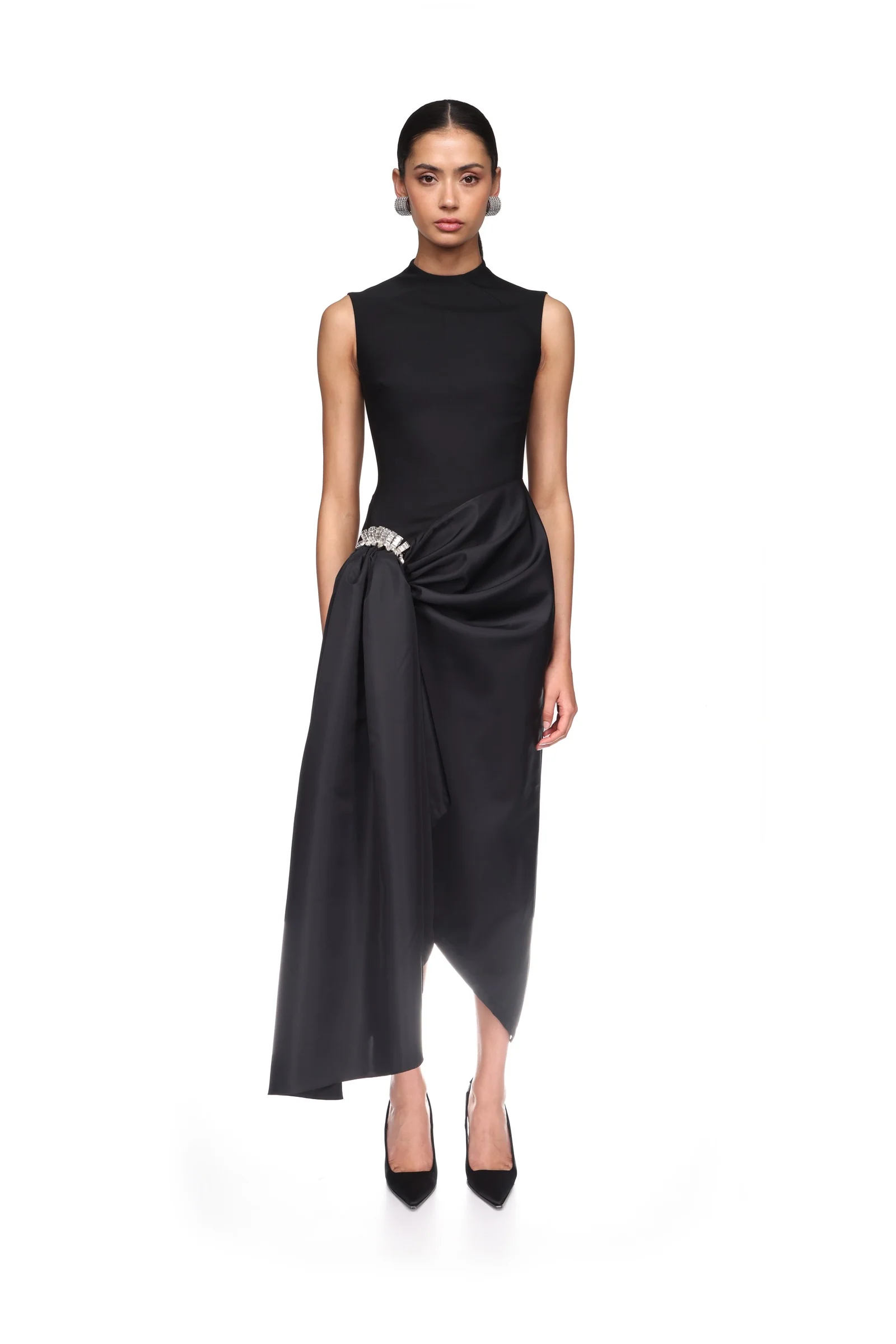 CRYSTAL BROOCH AND DRAPED HEM MIDI DRESS - Image 2