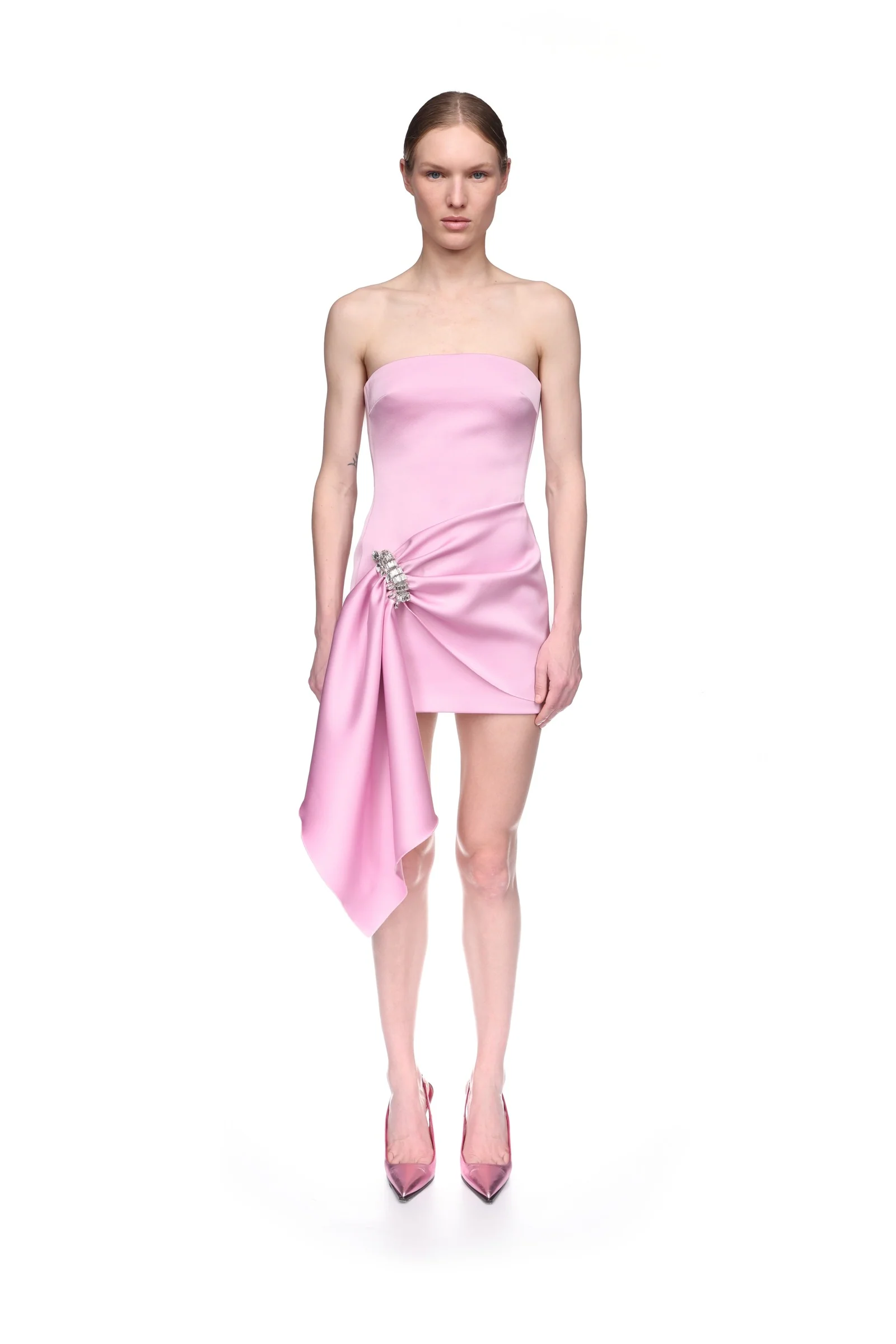 CRYSTAL BROOCH AND DRAPED HEM MINI DRESS - Image 2