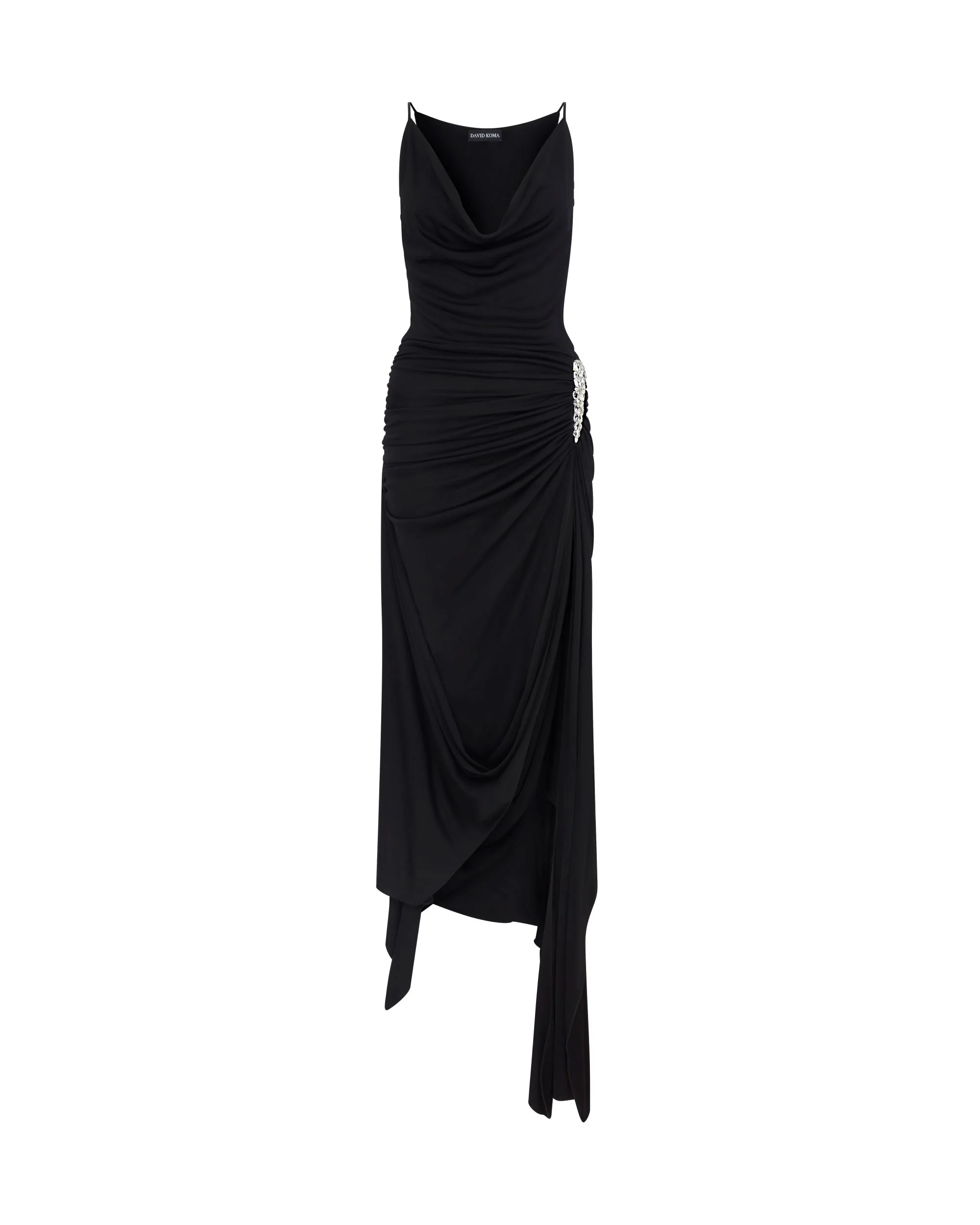 CRYSTAL CLAW DETAIL ASYMMETRIC MIDI DRESS
