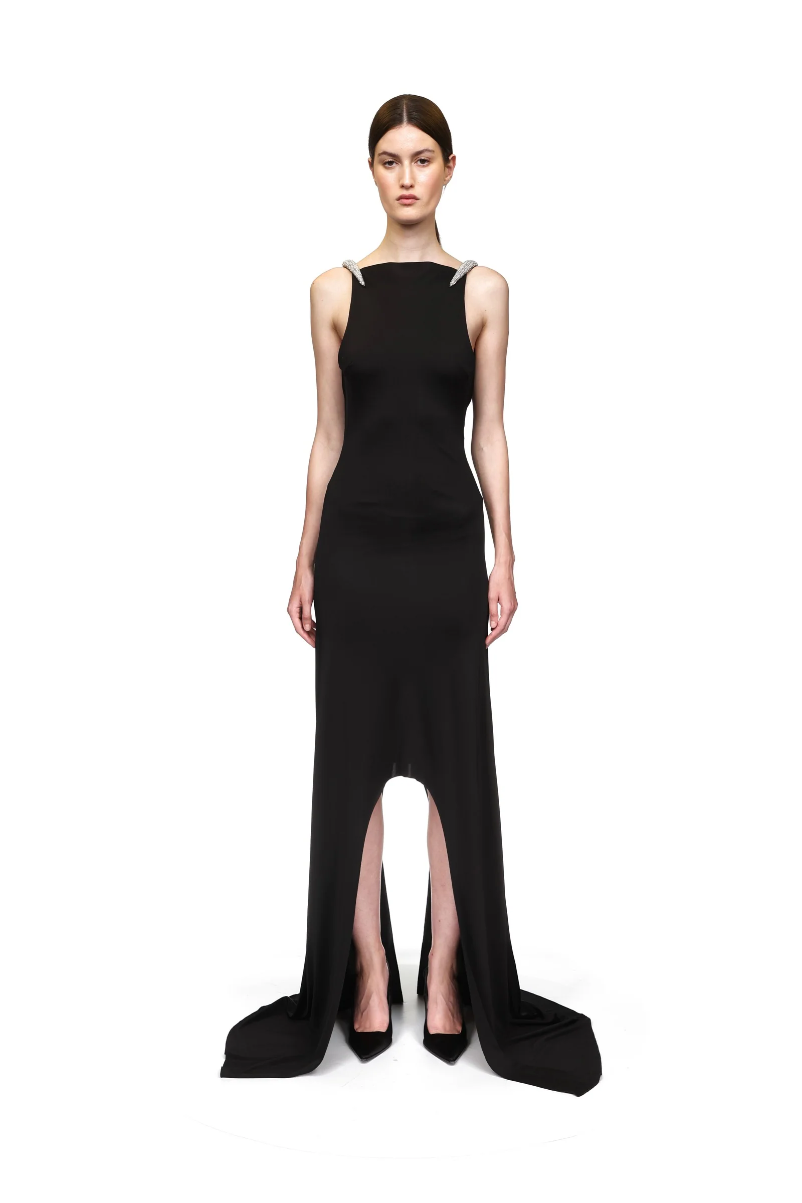 CRYSTAL CLAW DETAIL ASYMMETRIC HEM GOWN - Image 2