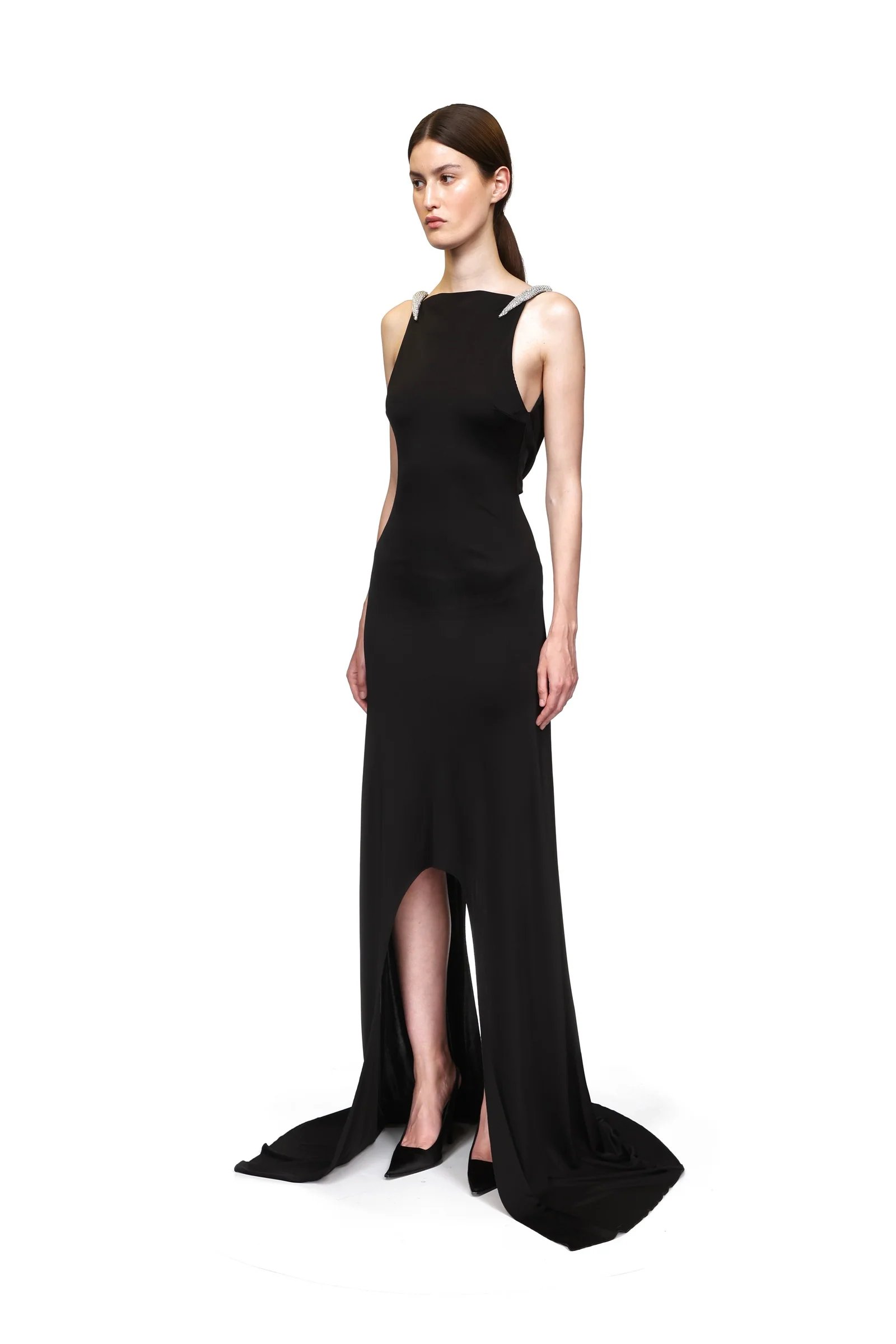 CRYSTAL CLAW DETAIL ASYMMETRIC HEM GOWN - Image 3