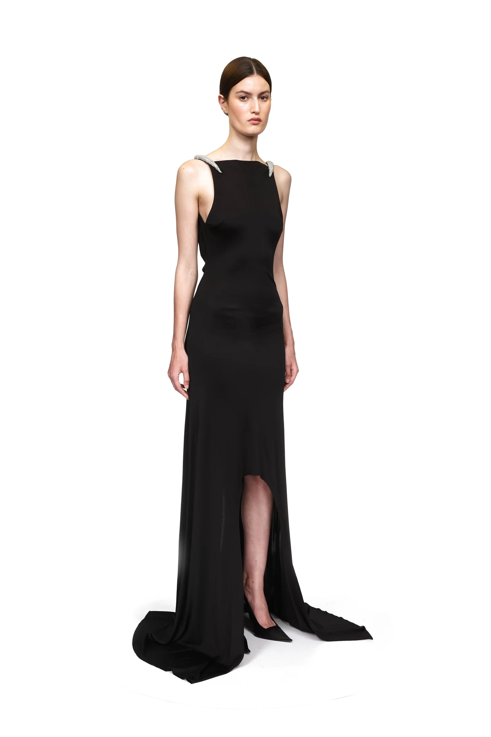 CRYSTAL CLAW DETAIL ASYMMETRIC HEM GOWN - Image 4