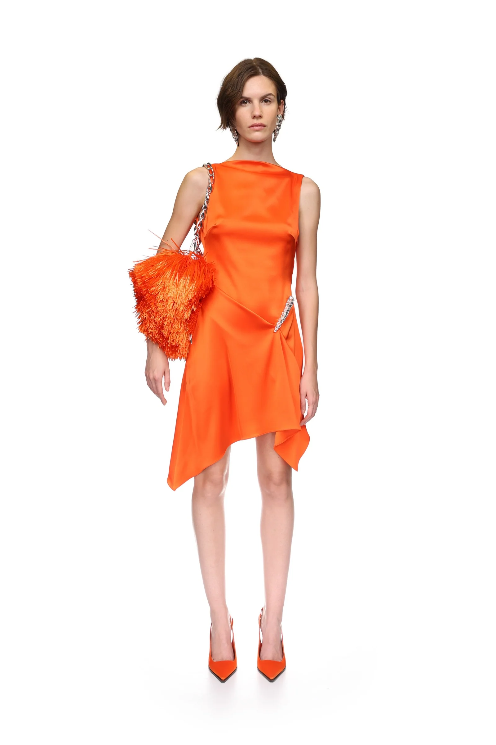 CRYSTAL CLAW DETAIL SLEEVELESS DRESS IN ORANGE - Image 2
