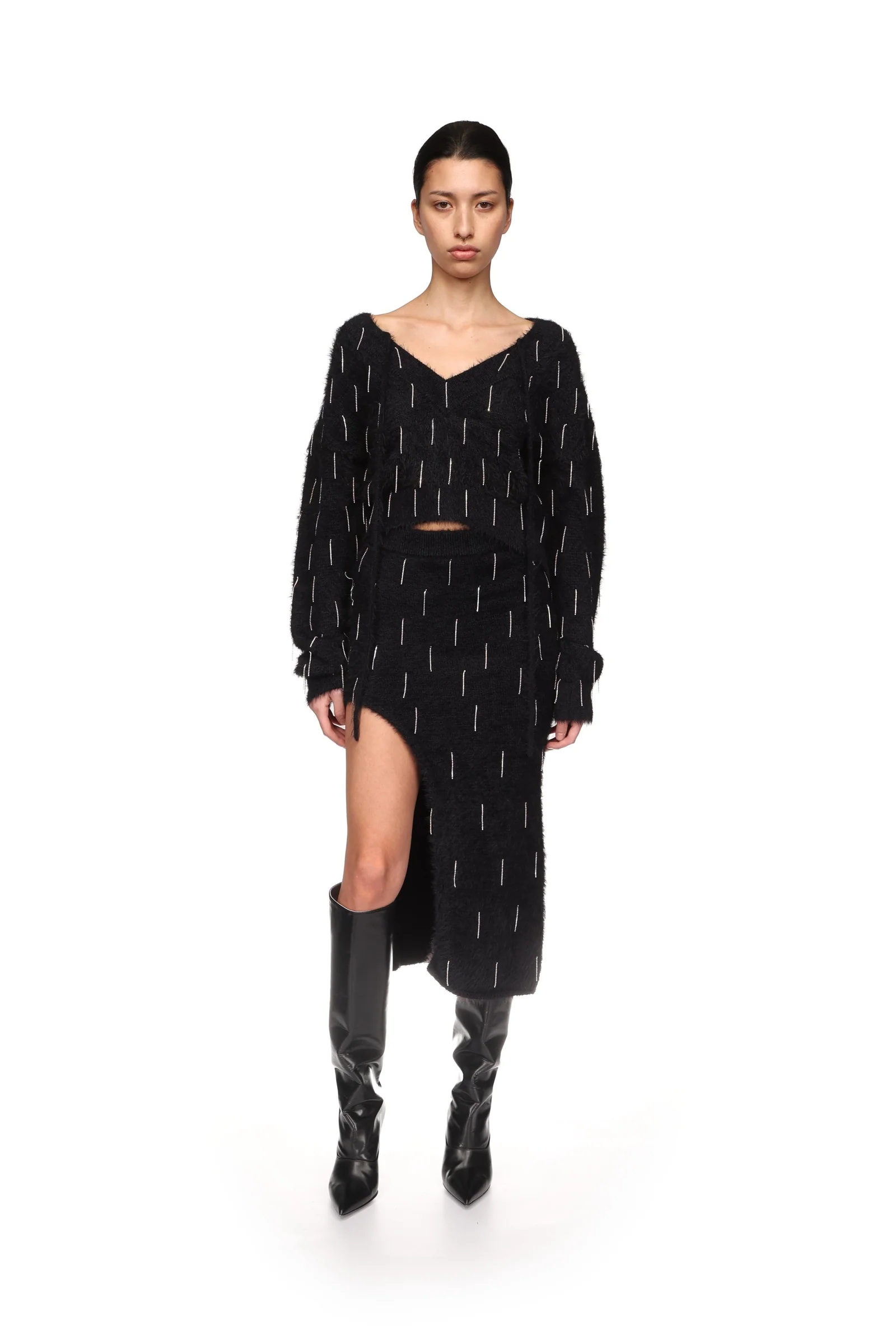 CRYSTAL EMBELLISHED KNIT MIDI SKIRT IN BLACK - Image 2