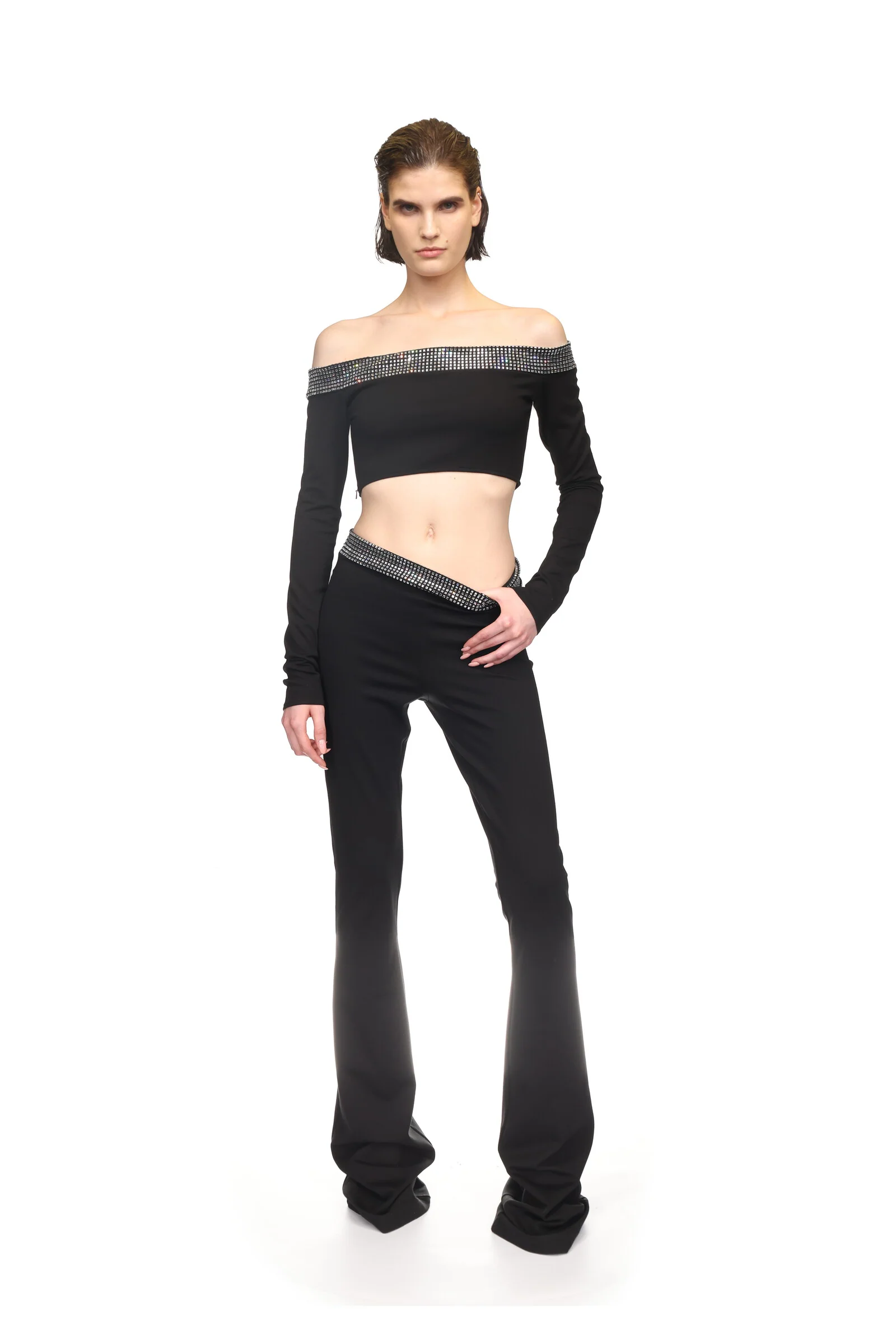 CRYSTAL HOTFIX OFF SHOULDER CROP TOP - Image 2