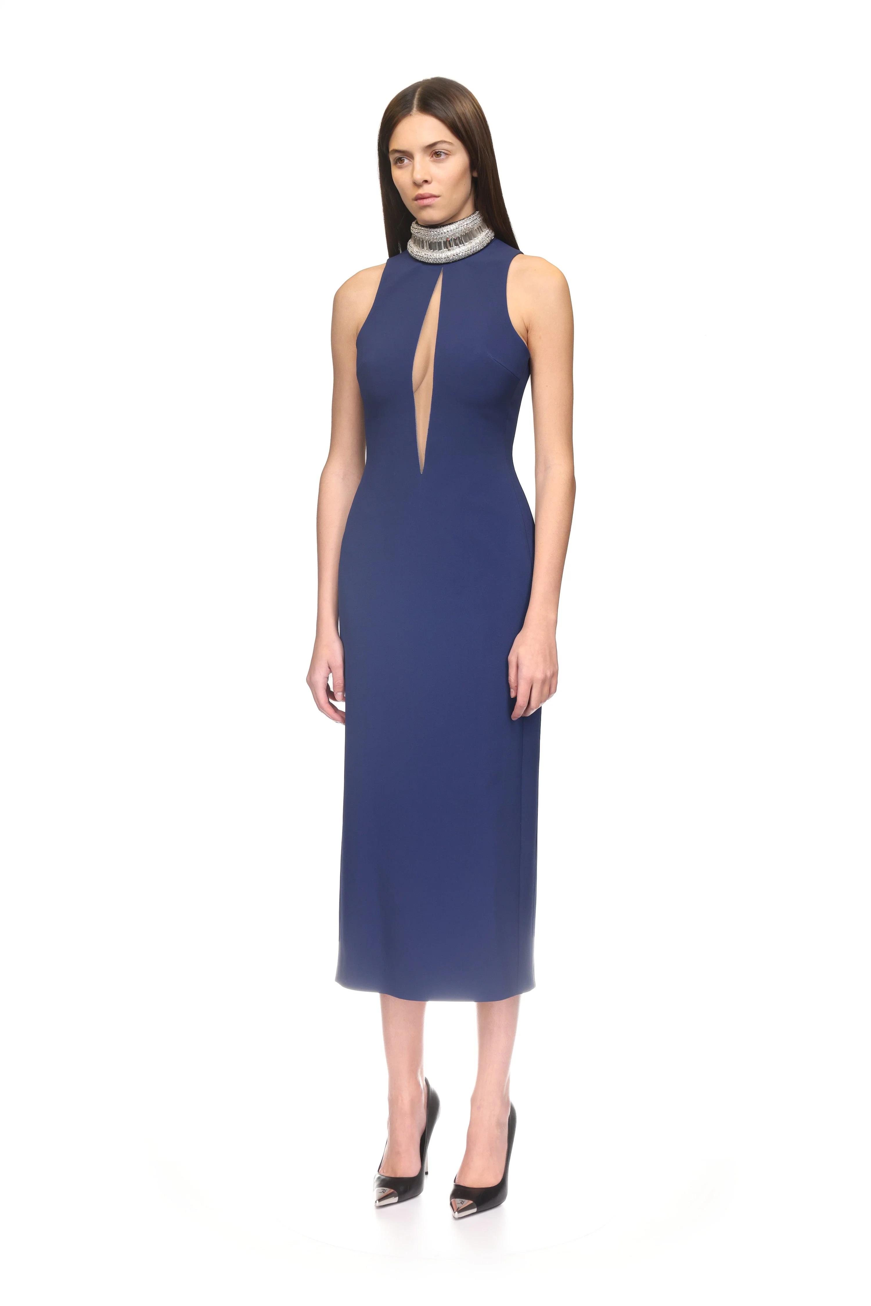 CRYSTAL EMBROIDERED HIGH COLLAR MIDI DRESS IN WHITE - Image 3