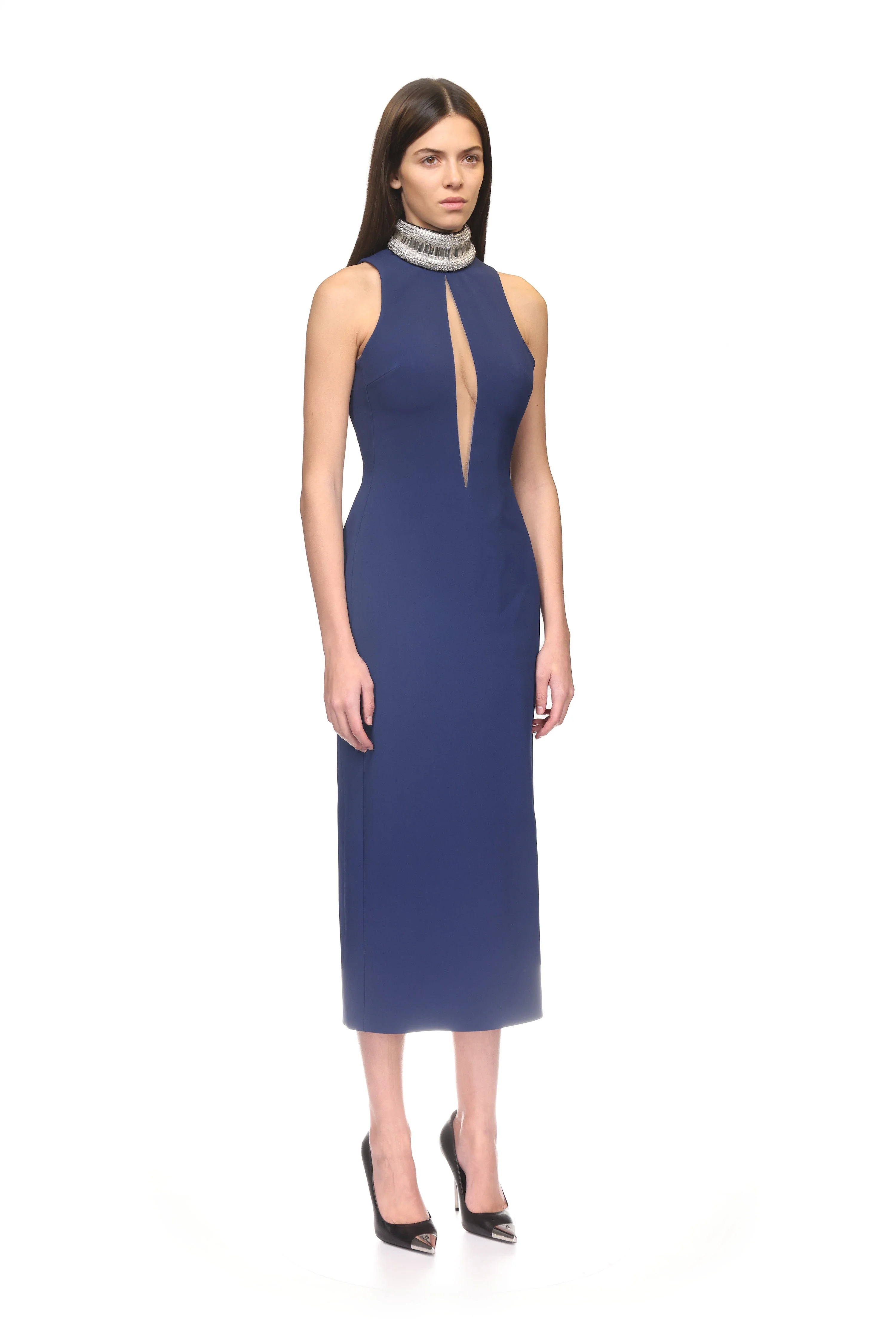 CRYSTAL EMBROIDERED HIGH COLLAR MIDI DRESS IN WHITE - Image 4