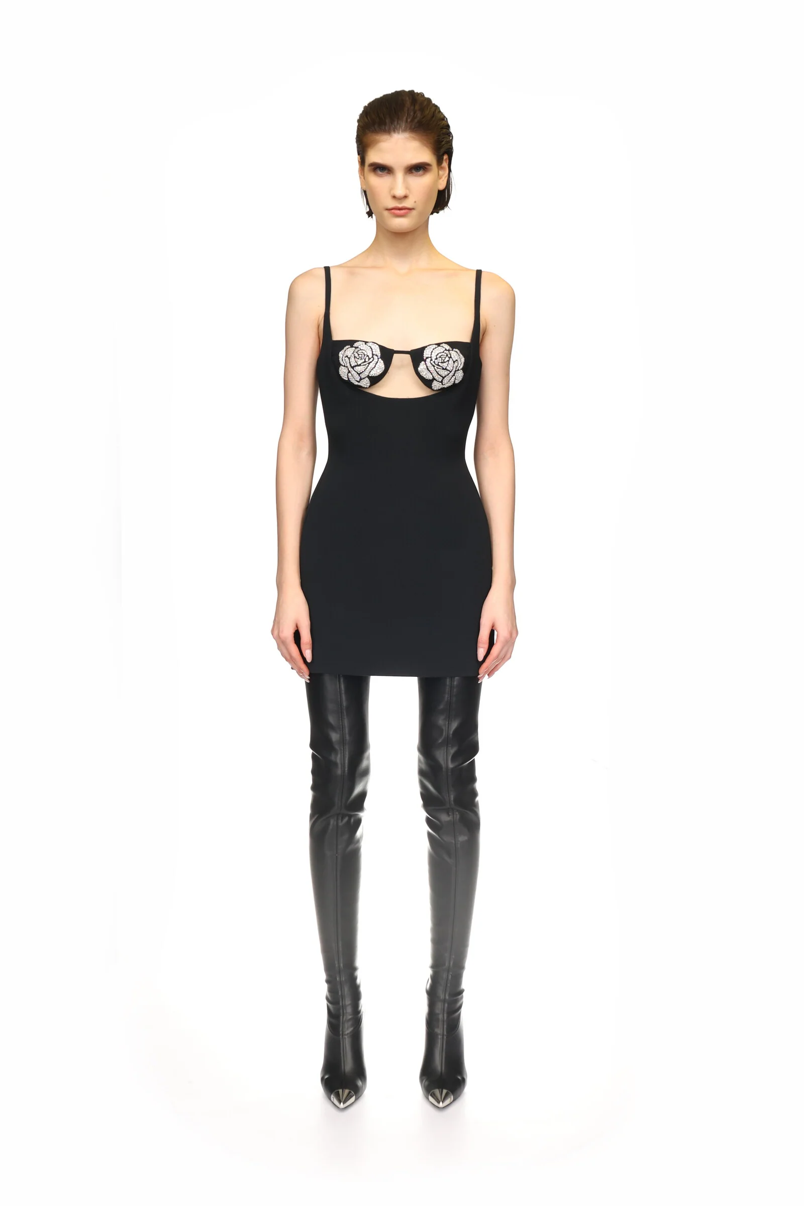CRYSTAL ROSE EMBROIDERY CUP MINI DRESS IN BLACK - Image 2