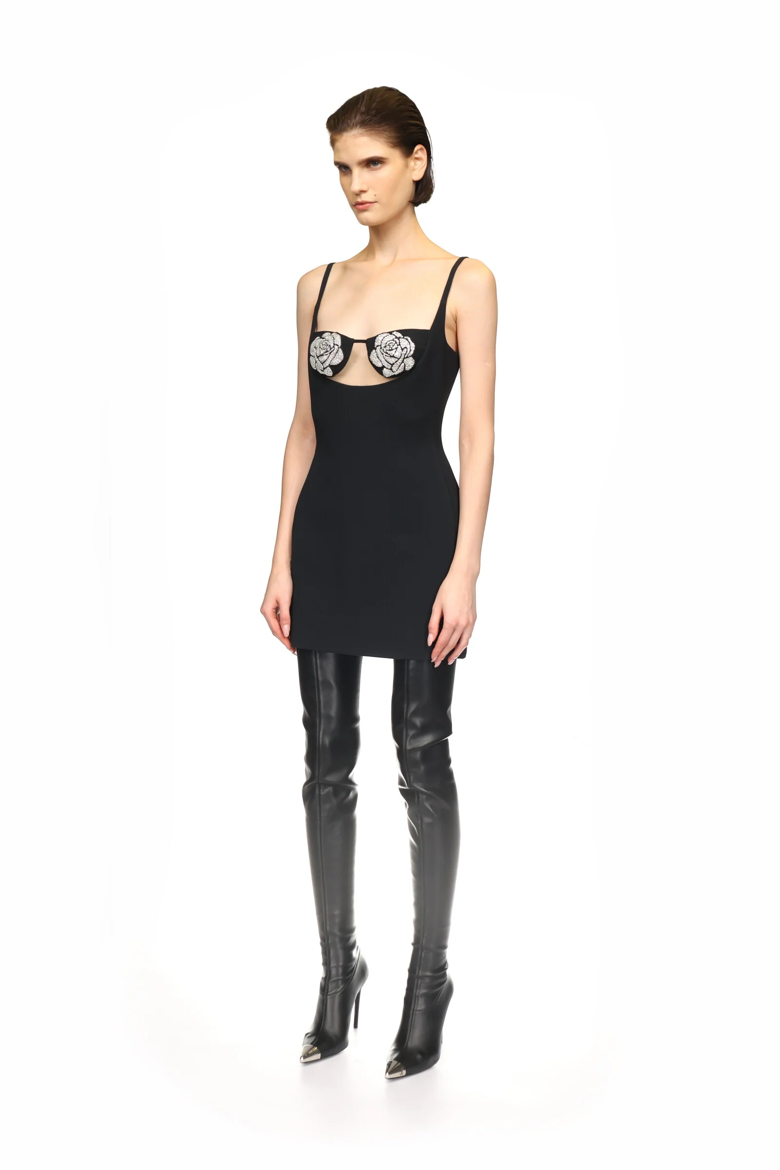CRYSTAL ROSE EMBROIDERY CUP MINI DRESS IN BLACK - Image 3
