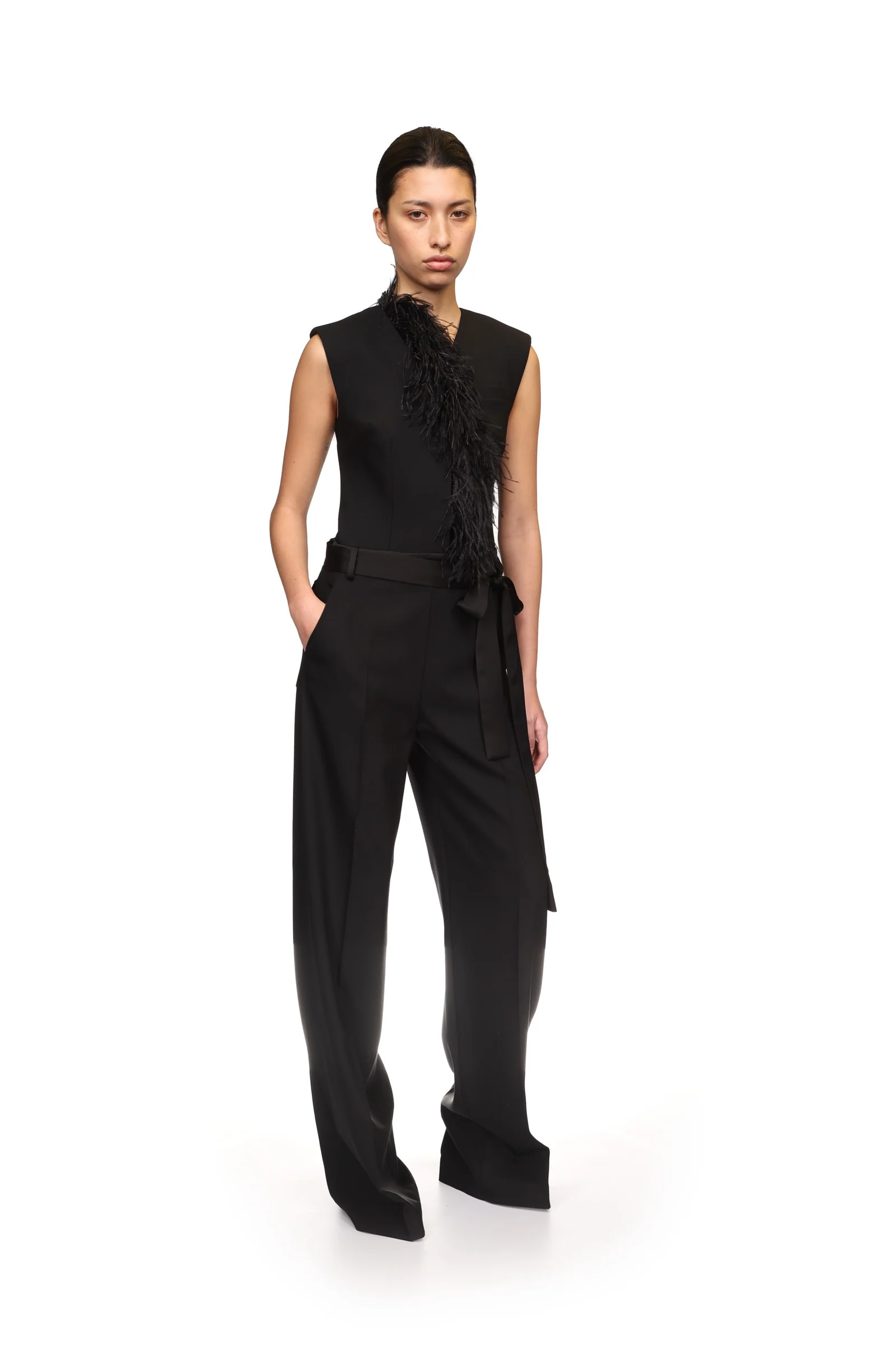 DETACHABLE FEATHER TRIM JUMPSUIT - Image 4