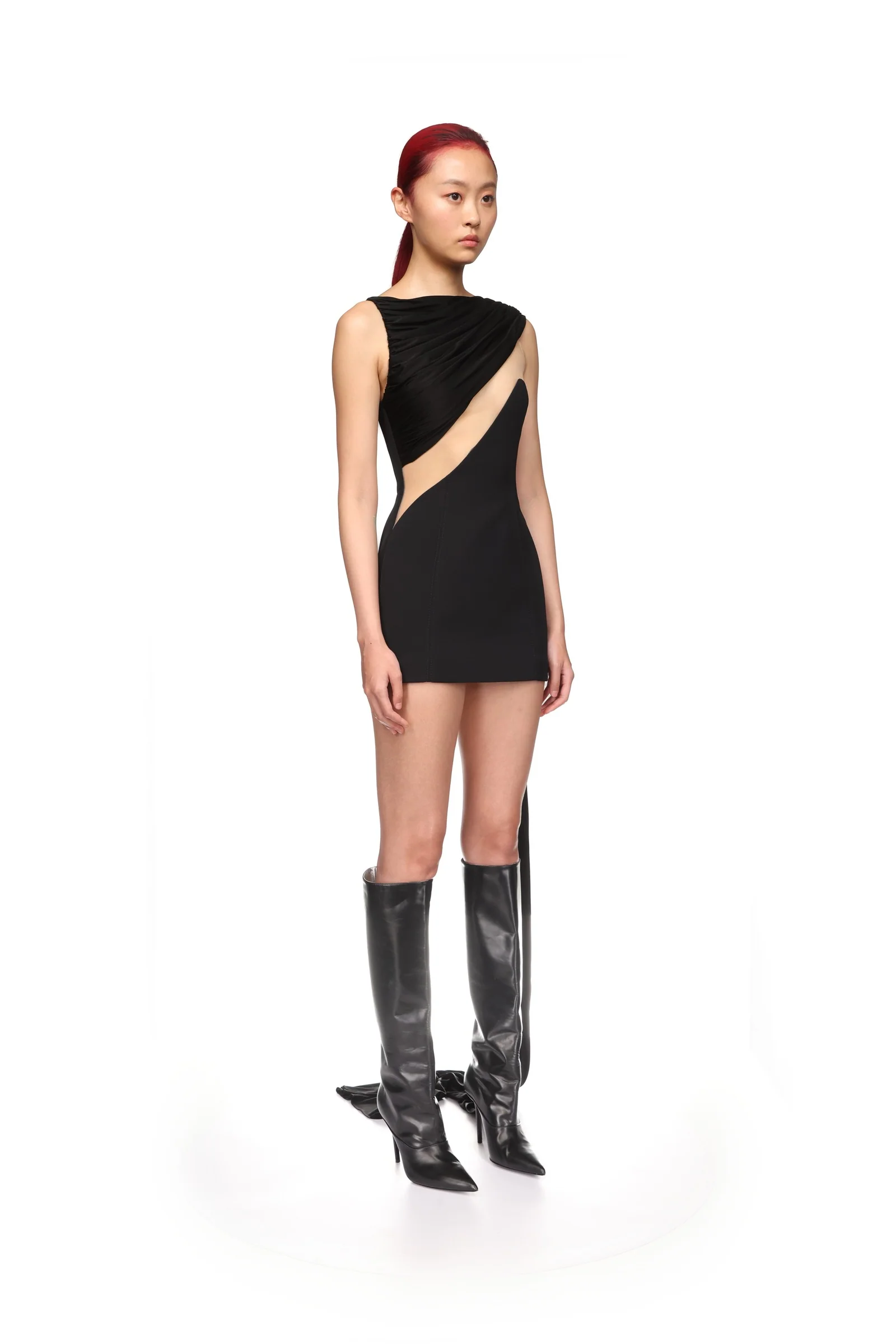 DRAPED JERSEY AND TULLE INSERT MINI DRESS - Image 4