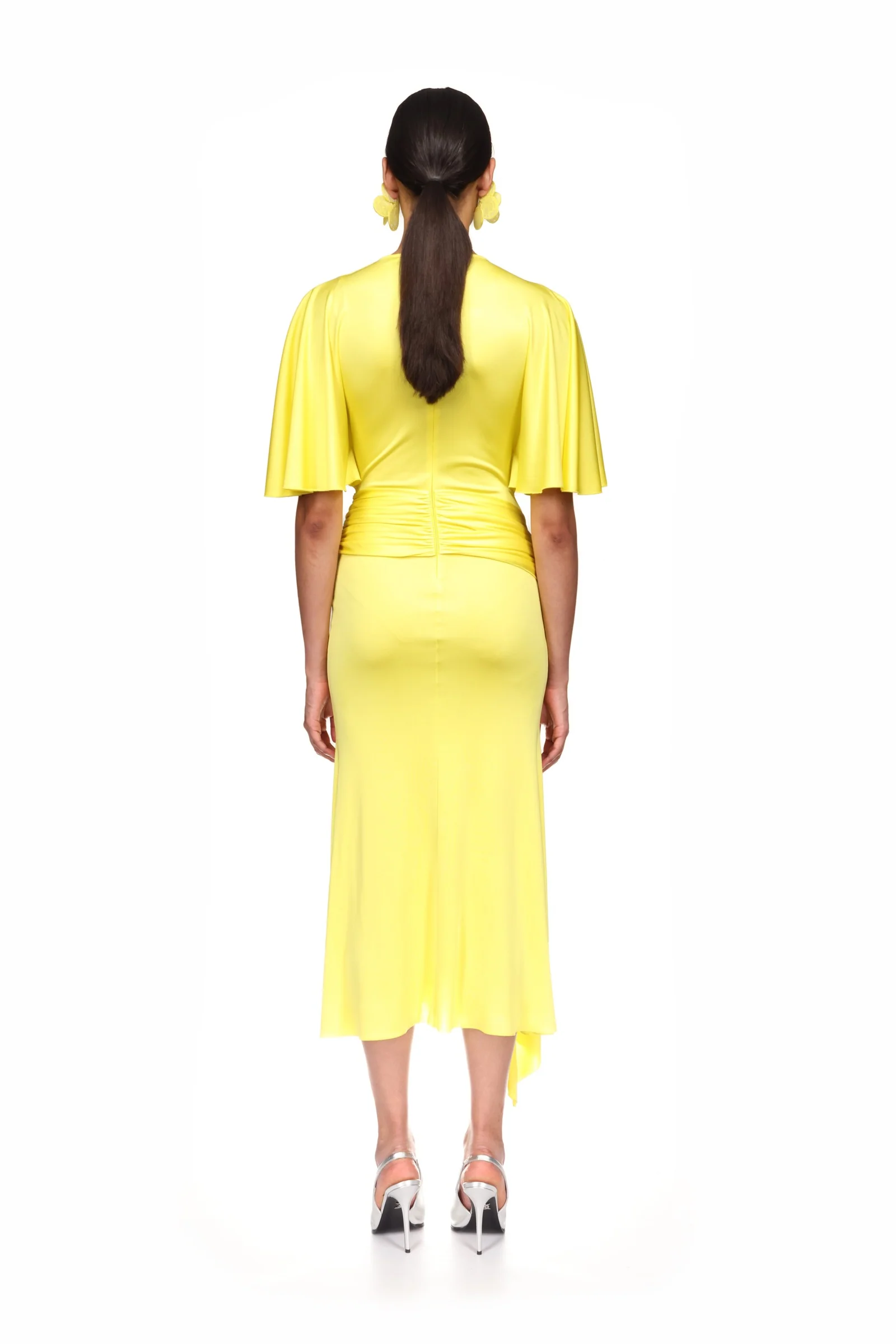 DRAPED SLEEVE JERSEY MIDI DRESS IN YELLOW - Image 5