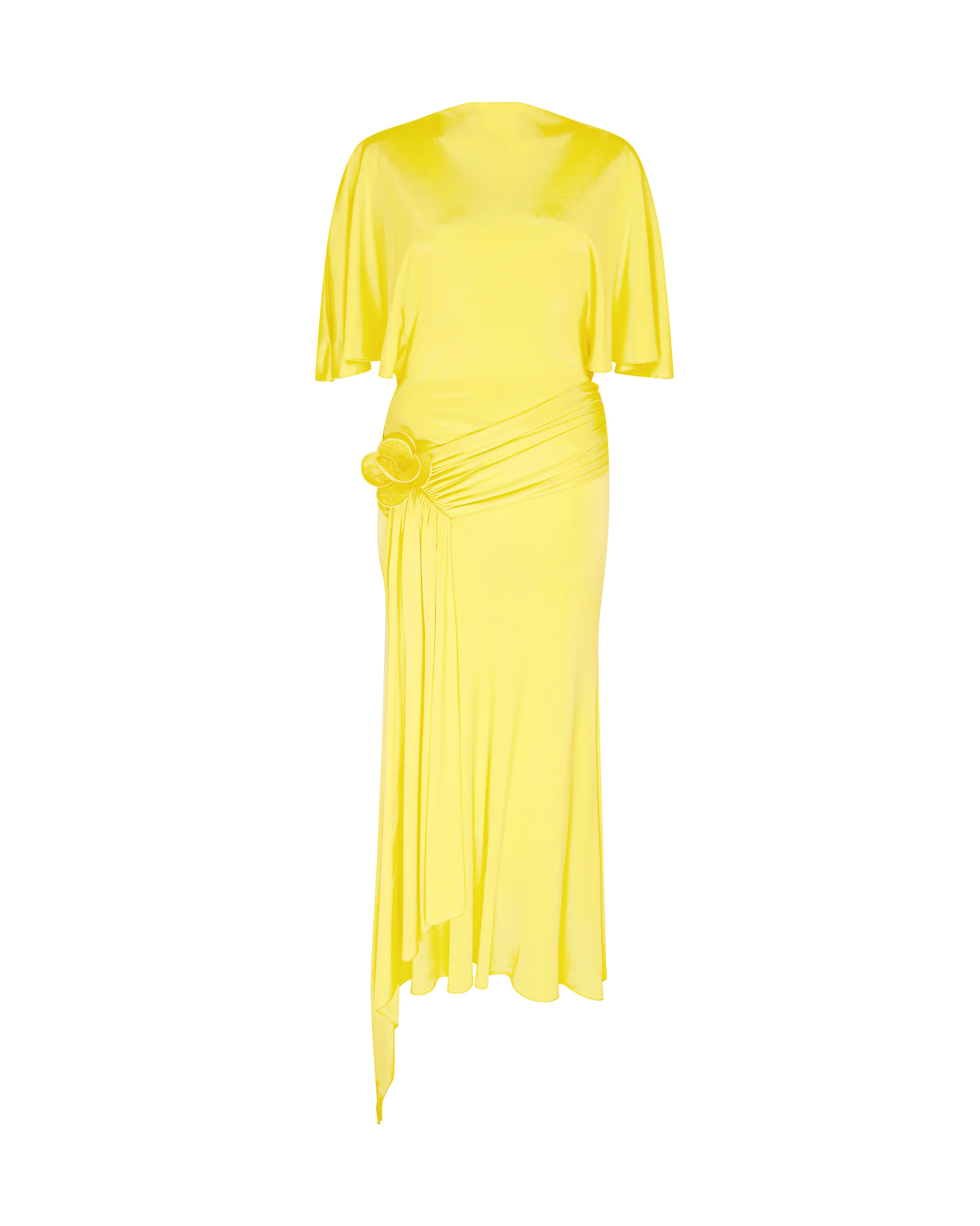 DRAPED SLEEVE JERSEY MIDI DRESS IN YELLOW