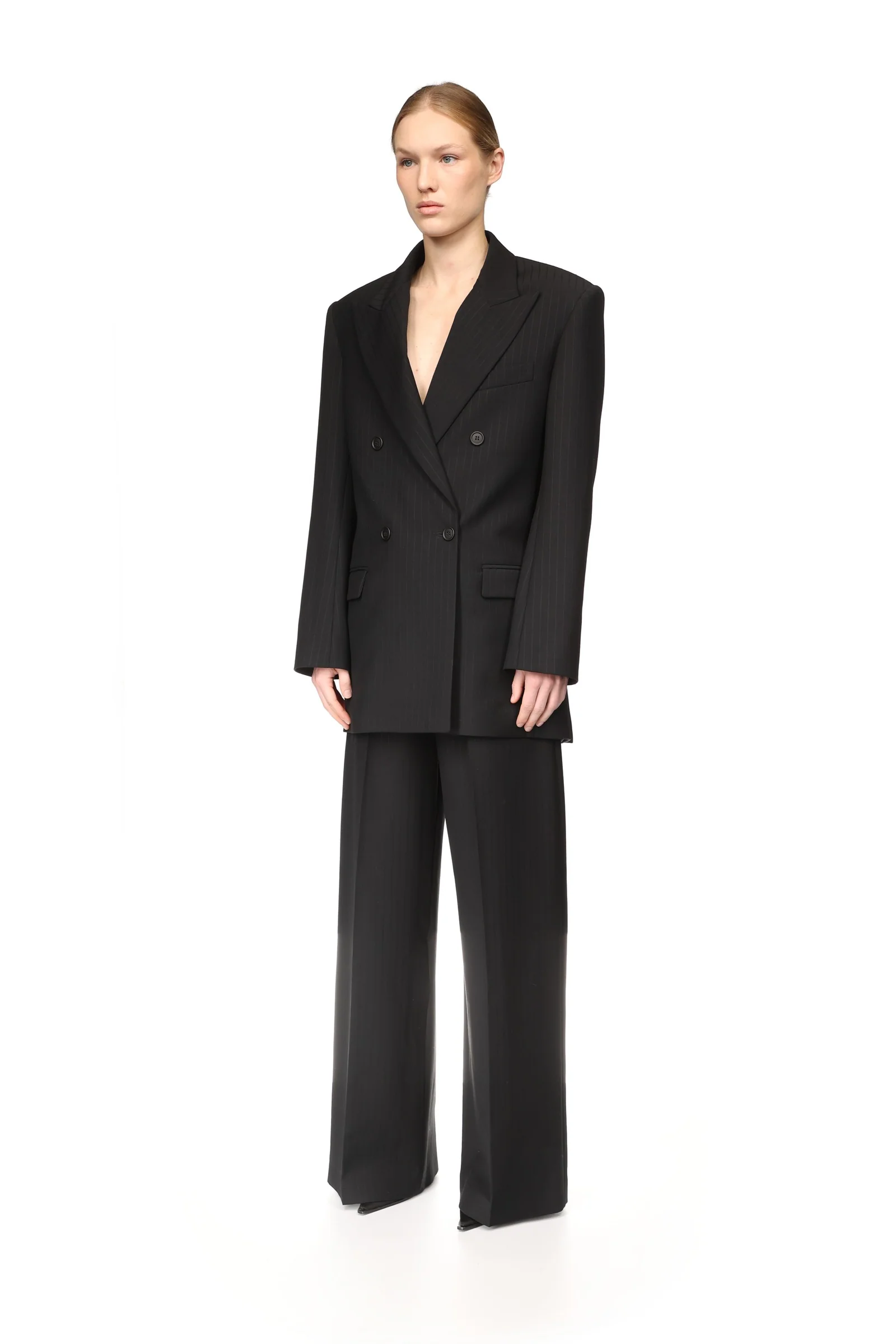PINSTRIPE WOOL TAILORED TROUSERS WITH CRYSTAL BUCKLE BELT - Image 3