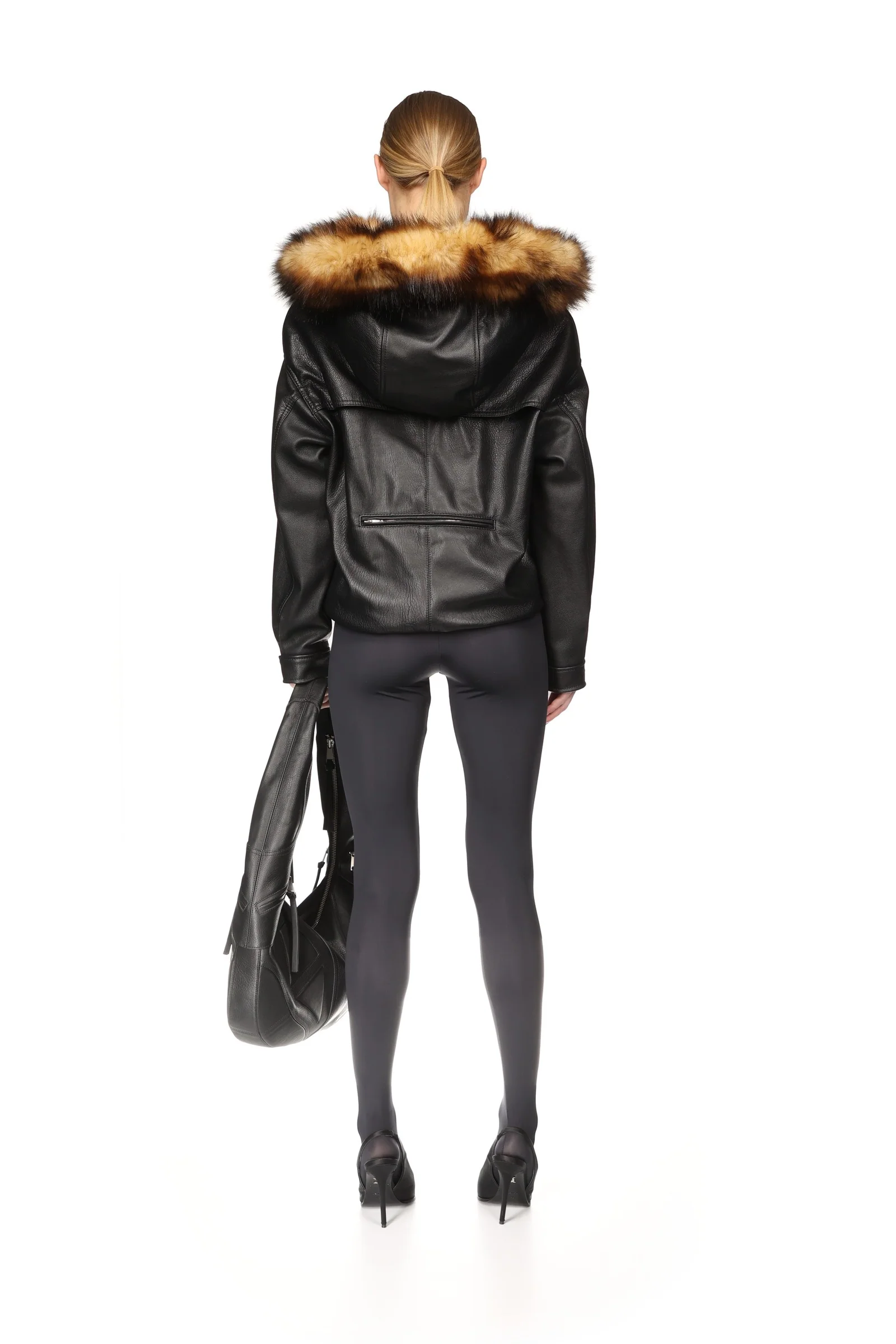 FAUX-FUR TRIMMED LEATHER HOODED ANORAK - Image 5