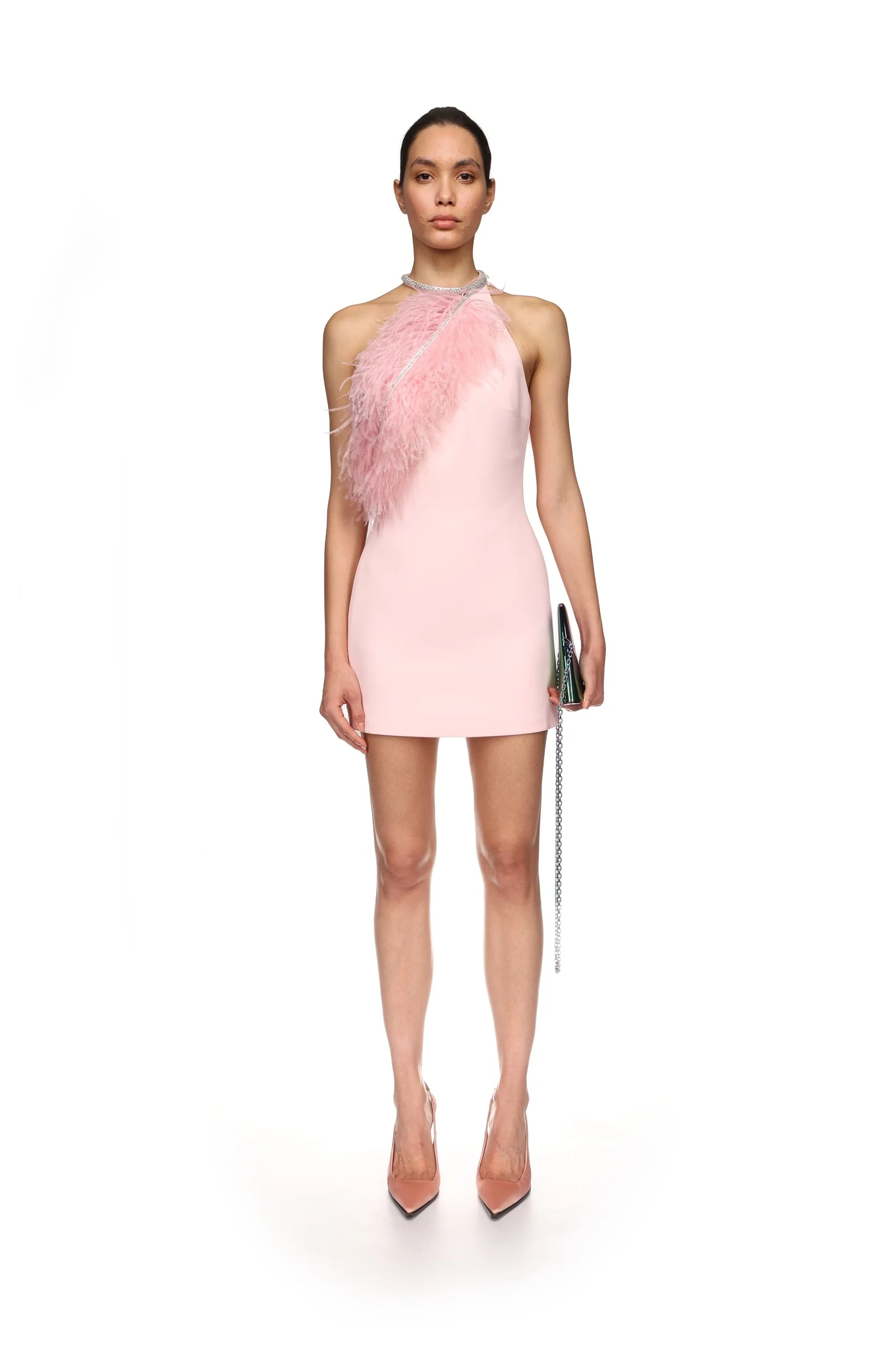 CRYSTAL FEATHER HALTER MINI DRESS - Image 2