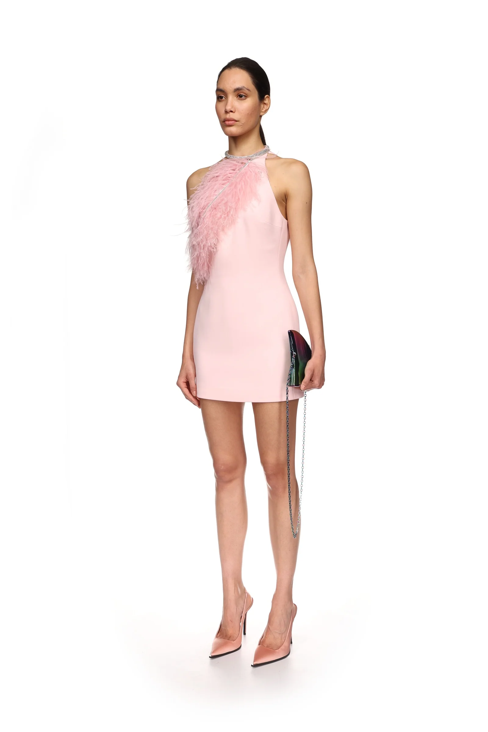 CRYSTAL FEATHER HALTER MINI DRESS - Image 3