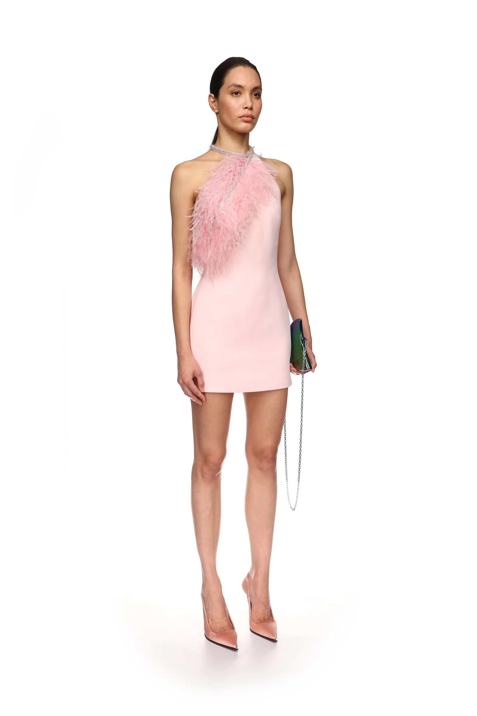 CRYSTAL FEATHER HALTER MINI DRESS - Image 4