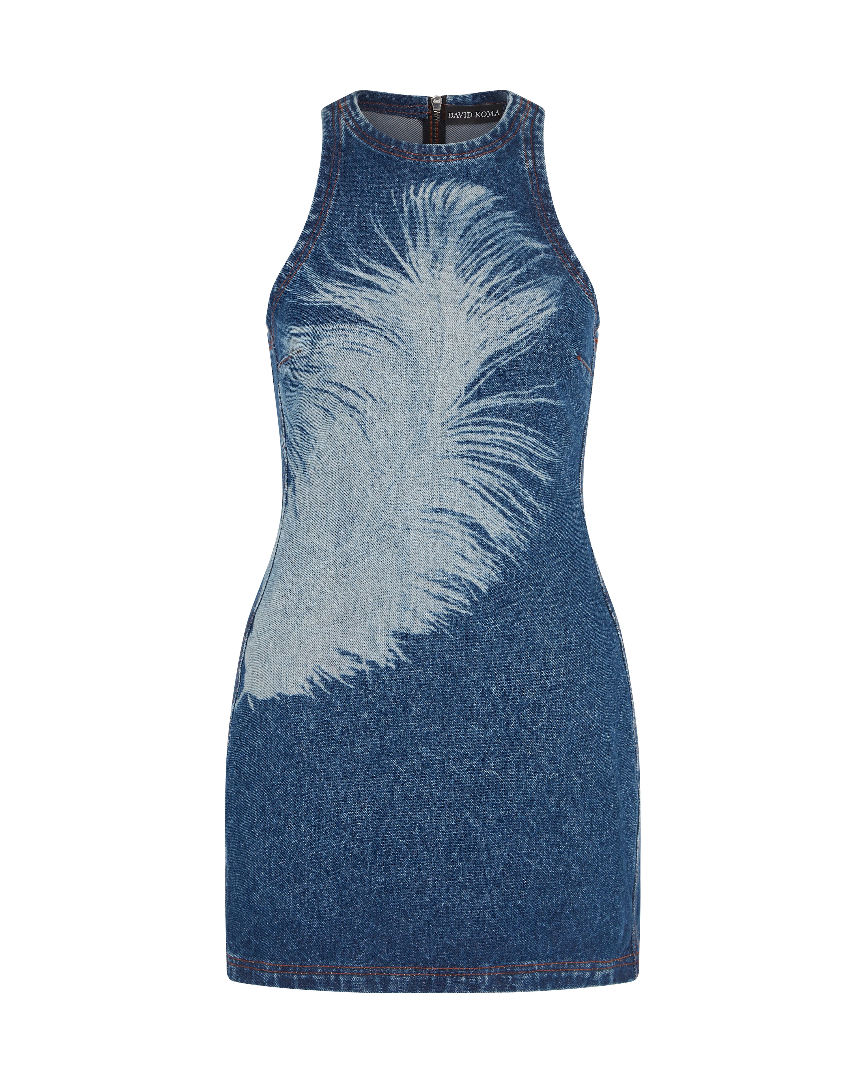 FEATHER PRINT MINI DENIM DRESS