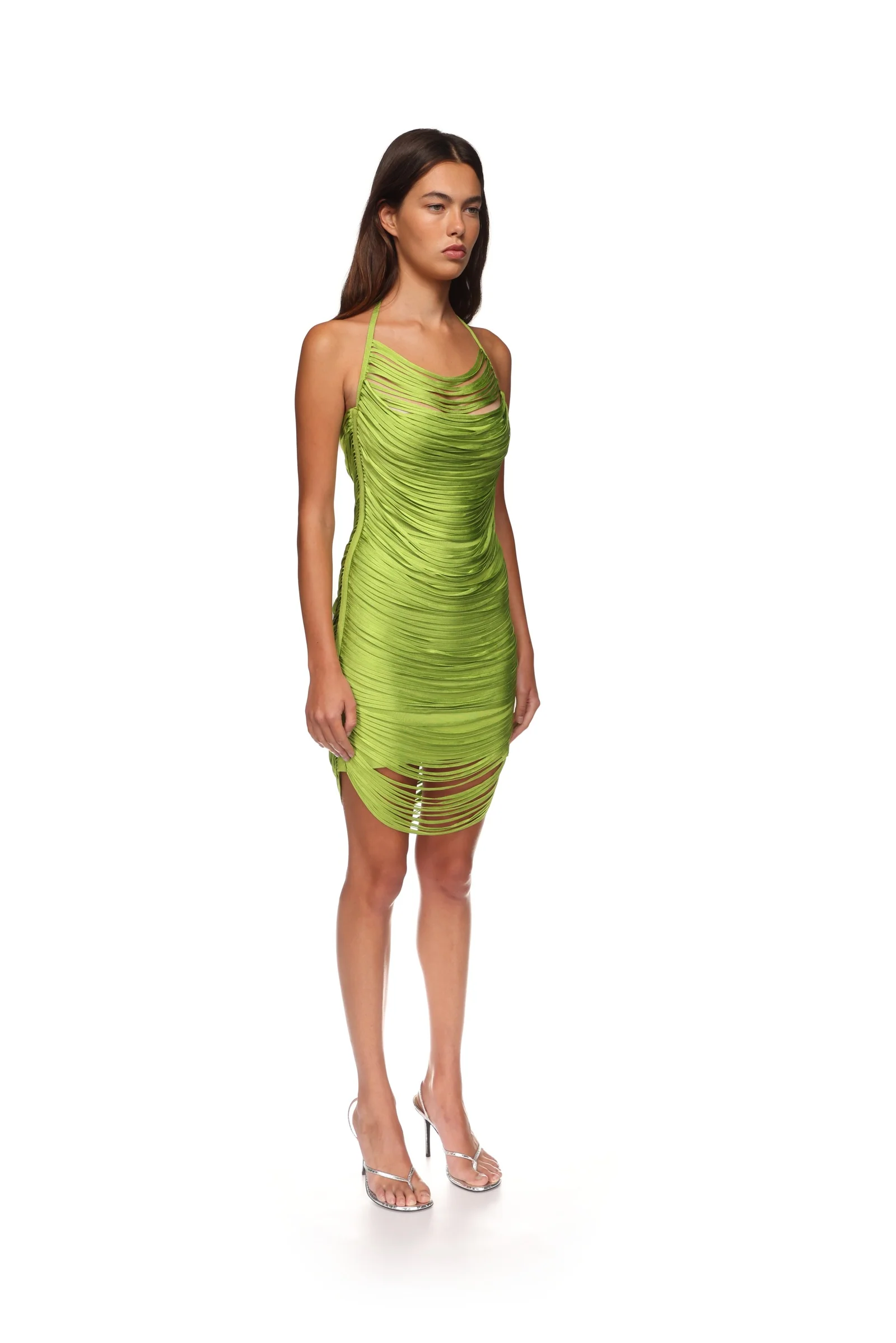 FRINGE DRAPED MINI KNIT DRESS IN GREEN - Image 4