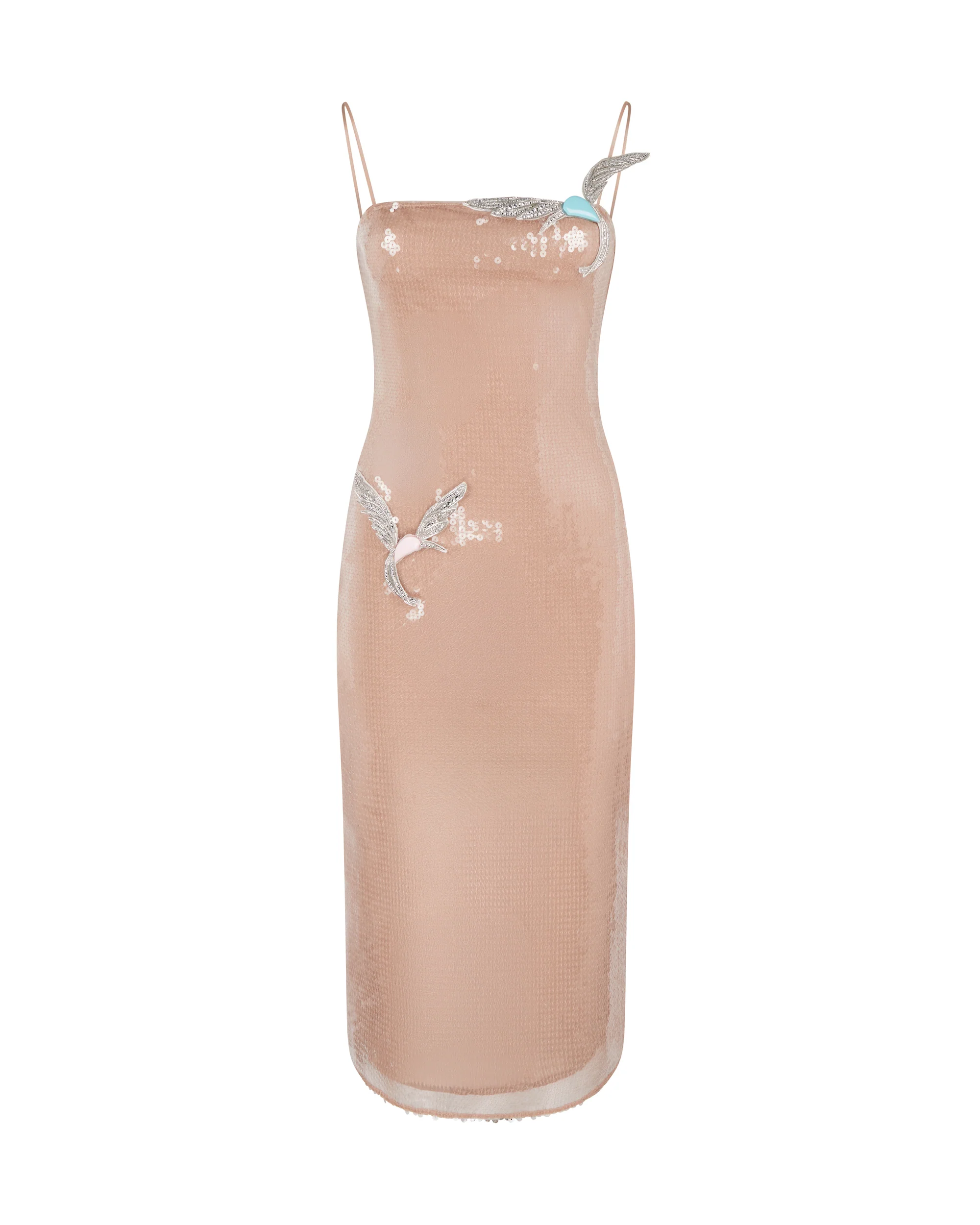 SEQUIN MIDI DRESS WITH CRYSTAL HUMMINGBIRDS
