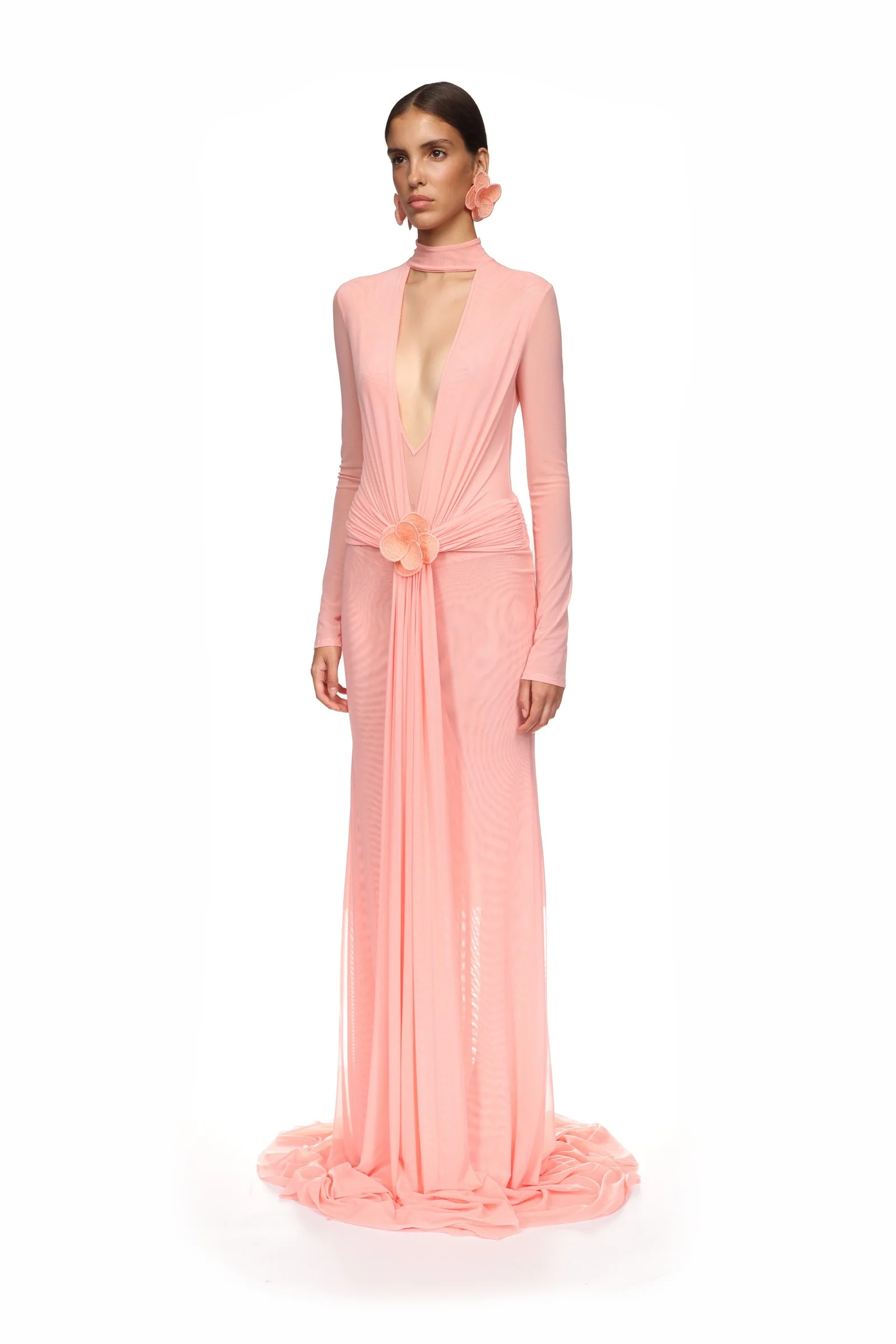 LACE FLOWER PLUNGE GOWN IN BLACK - Image 3