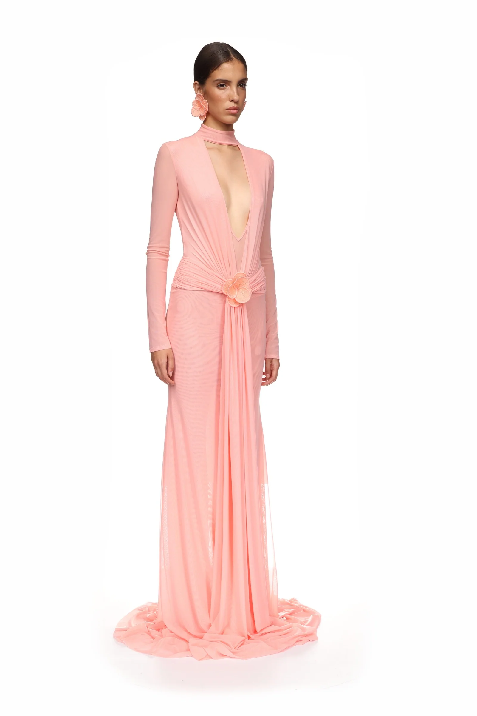 LACE FLOWER PLUNGE GOWN IN BLACK - Image 4