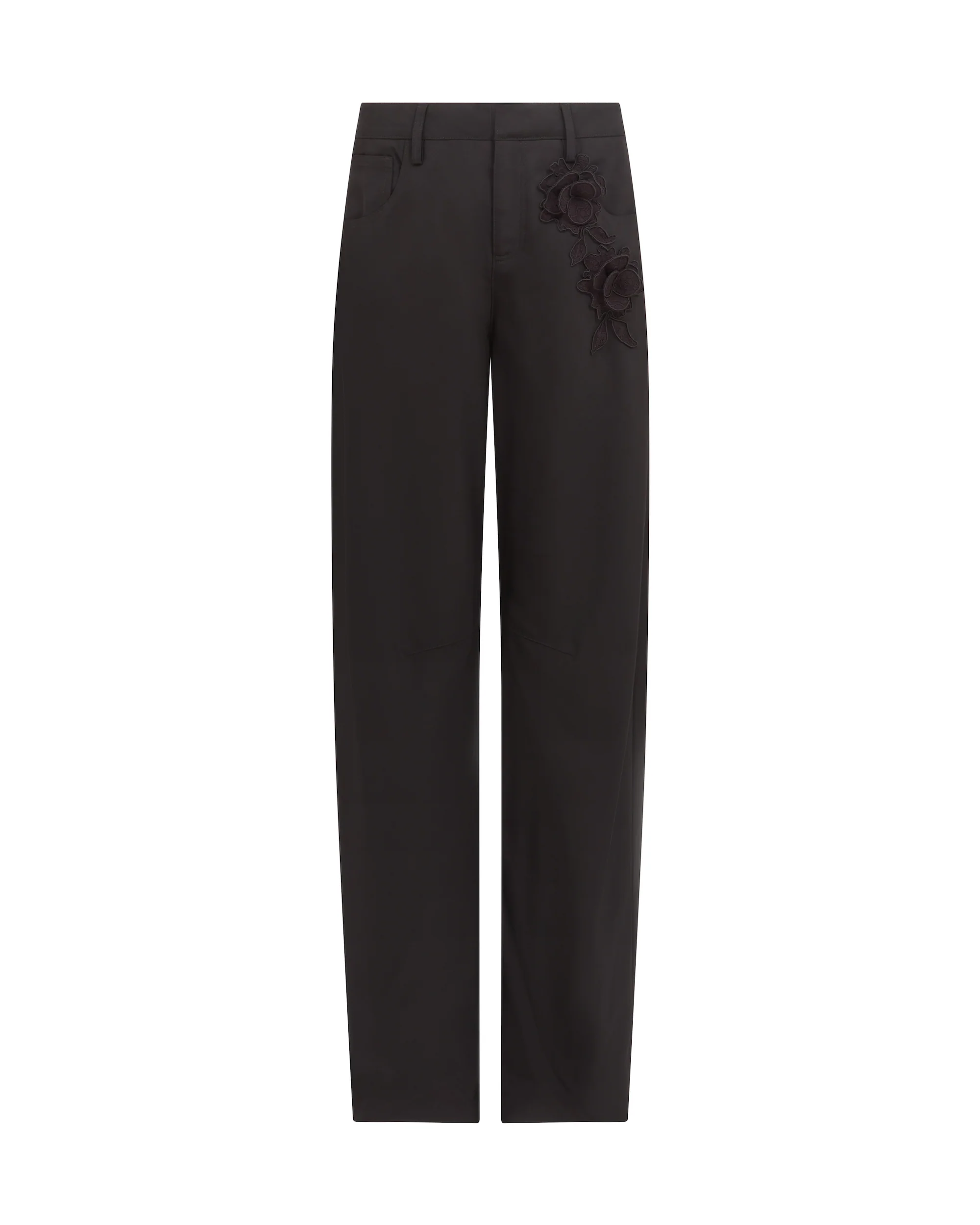 LACE ROSE EMBROIDERED TROUSERS IN BLACK