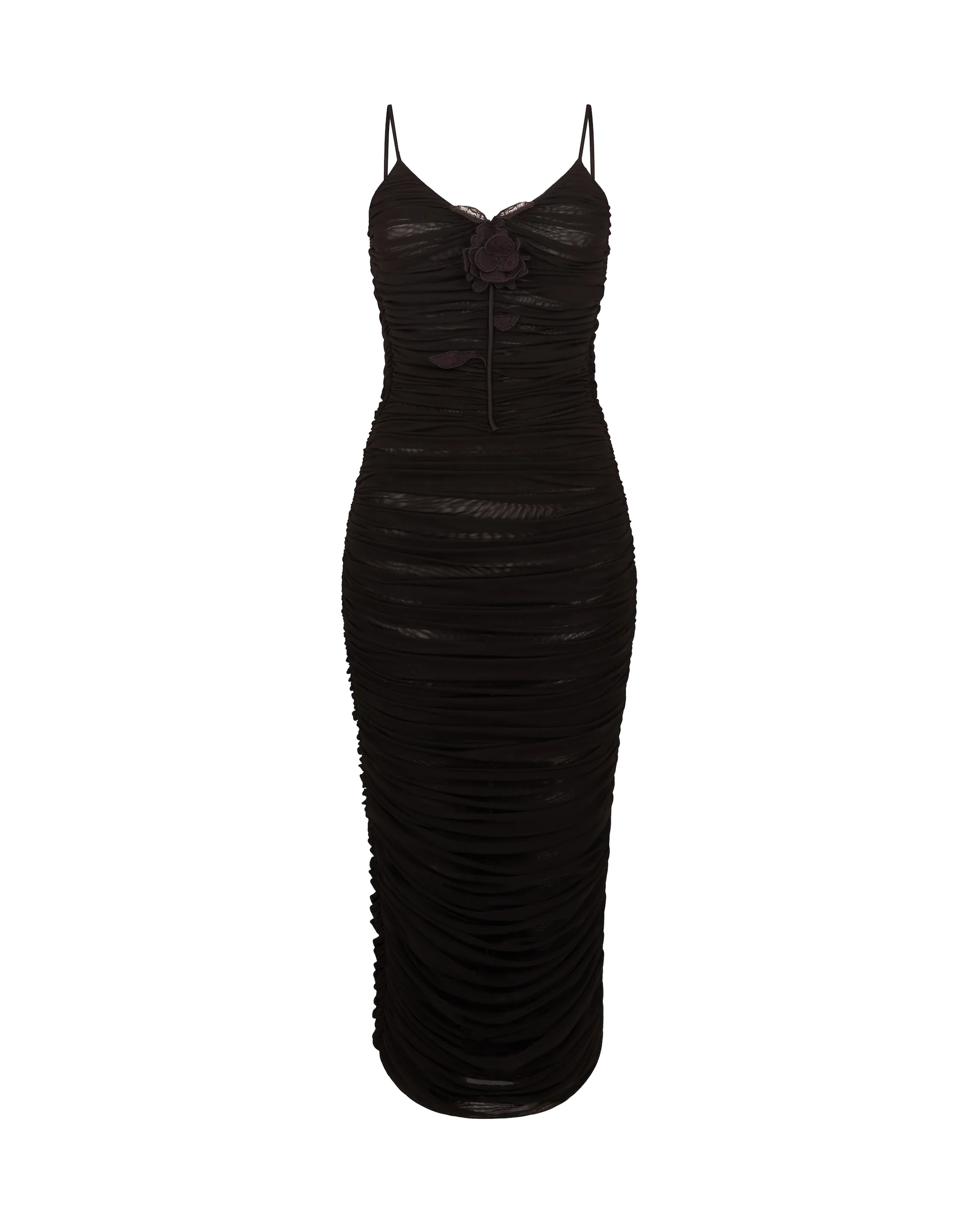 LACE ROSE EMBROIDERED RUCHED MIDI DRESS