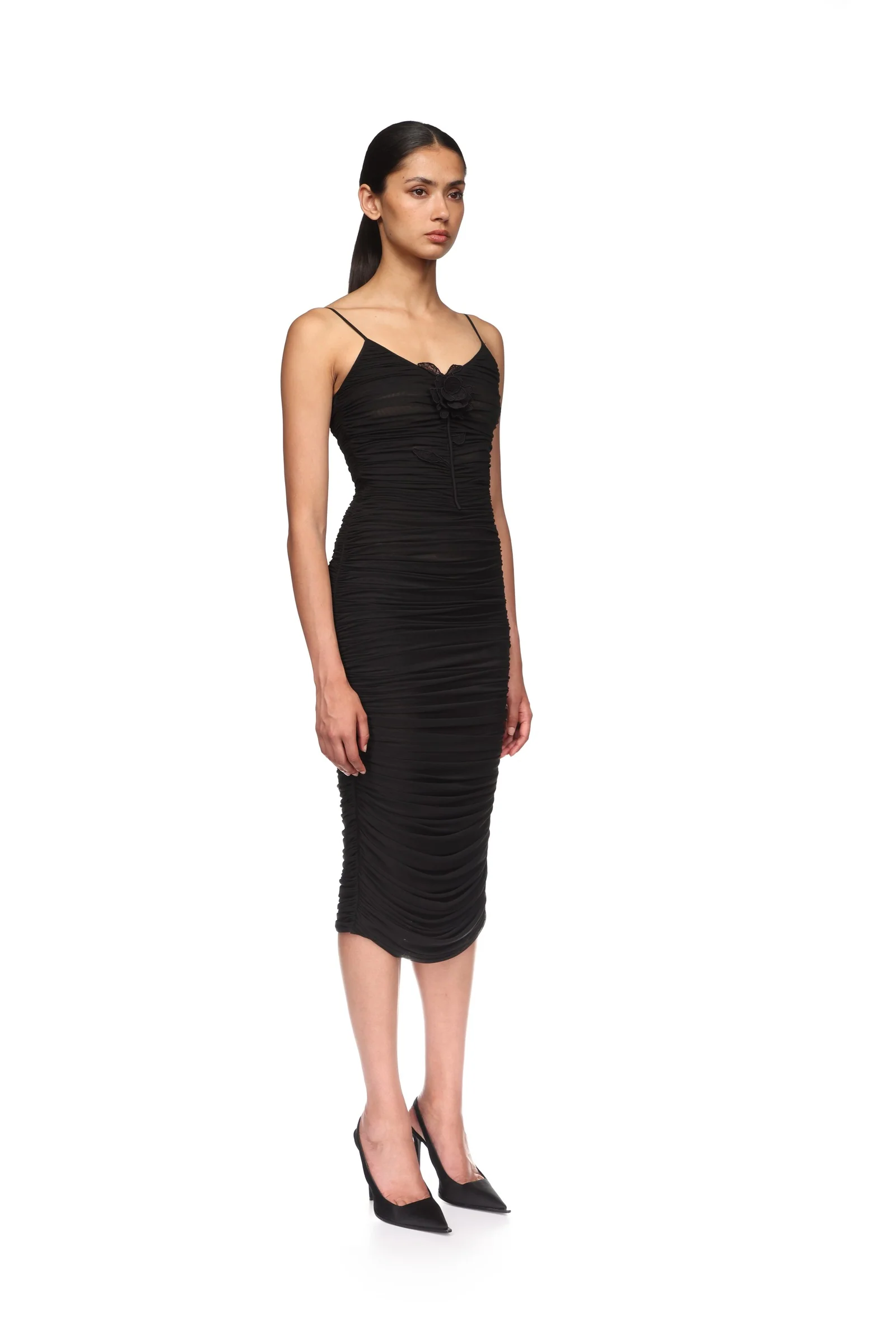 LACE ROSE EMBROIDERED RUCHED MIDI DRESS - Image 4